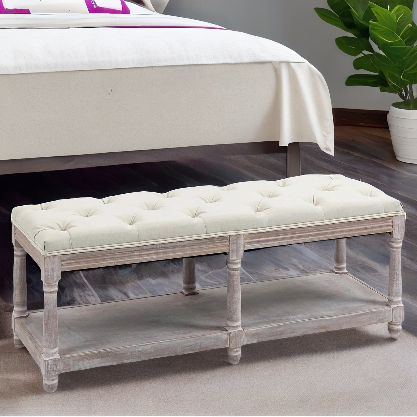 upholstered wooden bench seat with shelf cream white