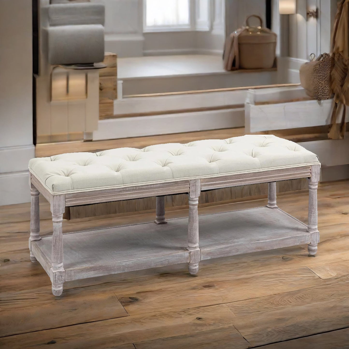 upholstered wooden bench seat with shelf cream white