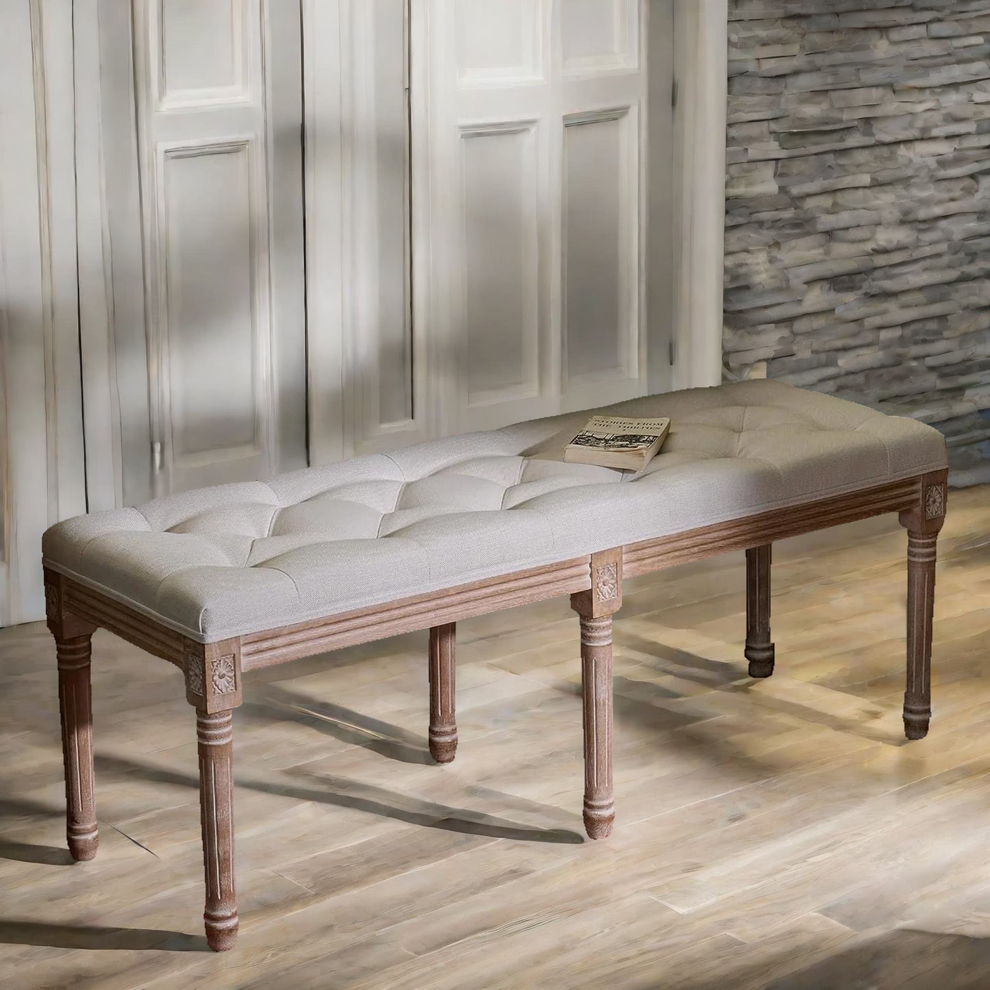 upholstered wooden bench seat beige vintage style