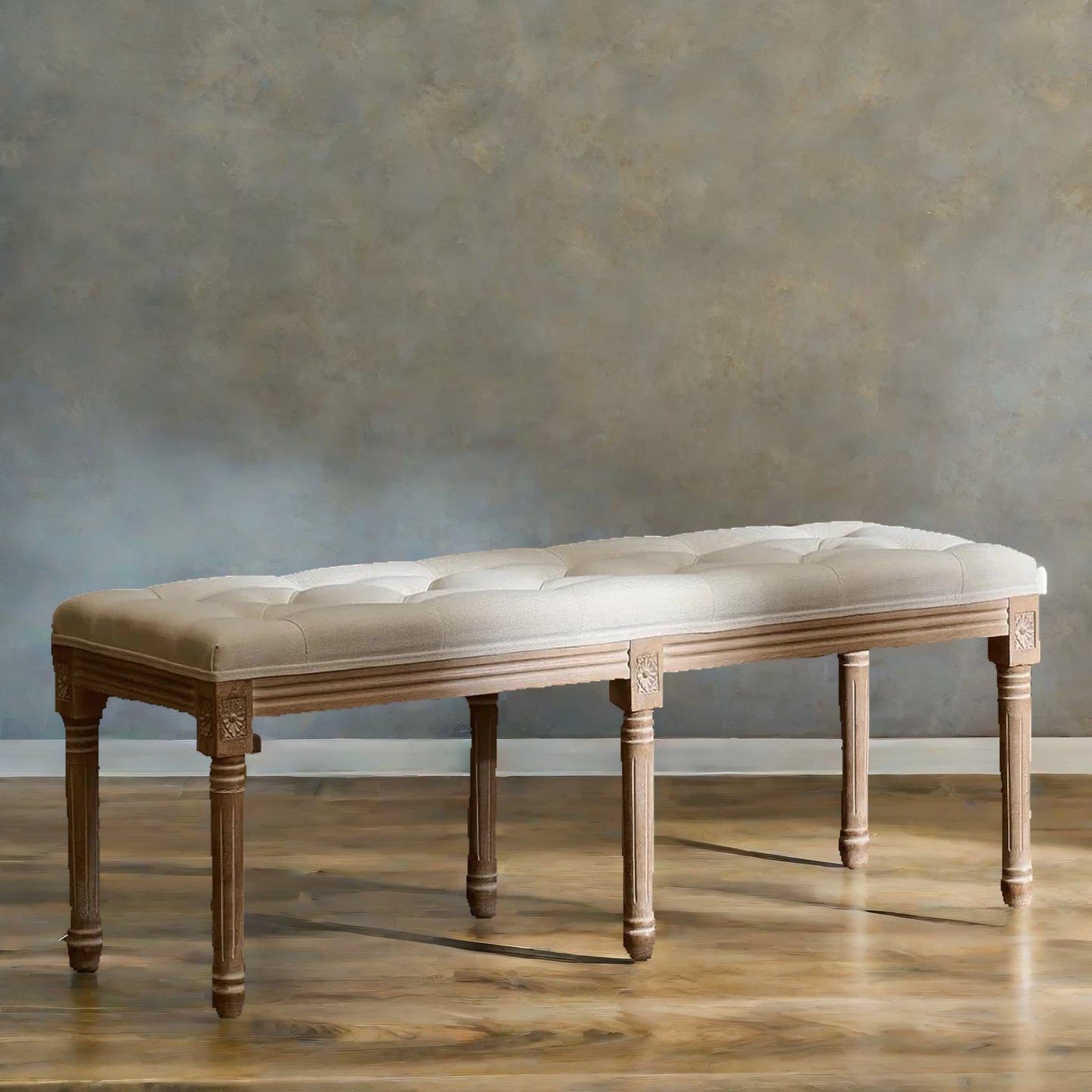 upholstered wooden bench seat beige vintage style