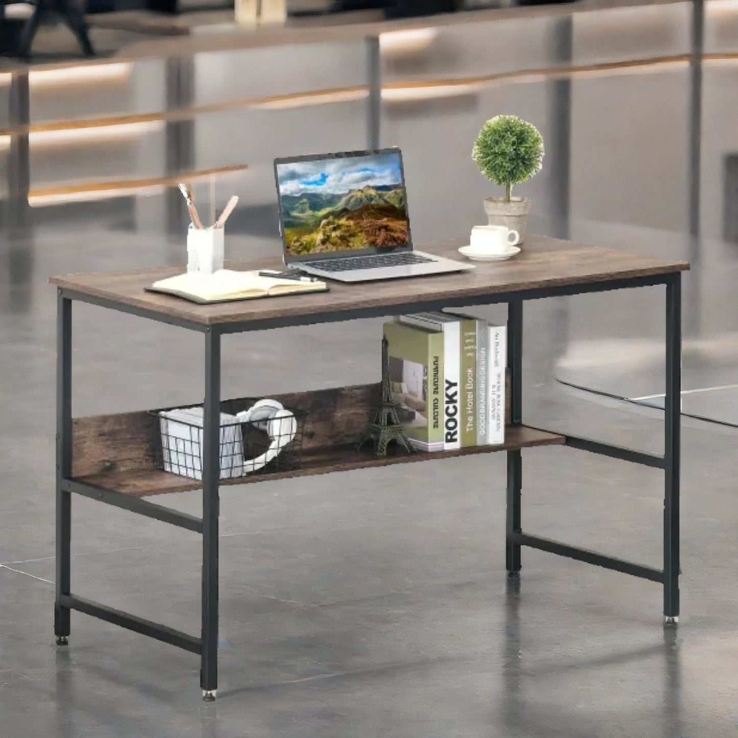 industrial rustic 2 tier computer desk