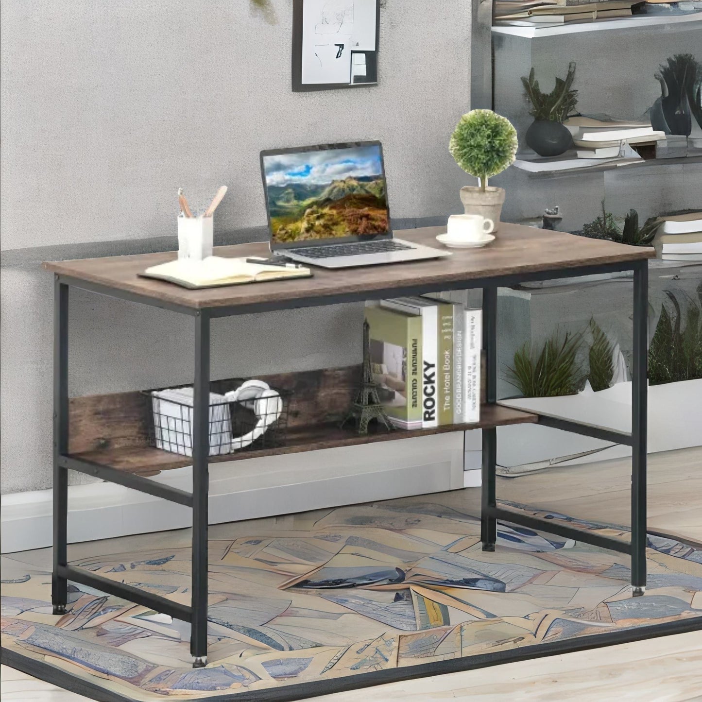 industrial rustic 2 tier computer desk