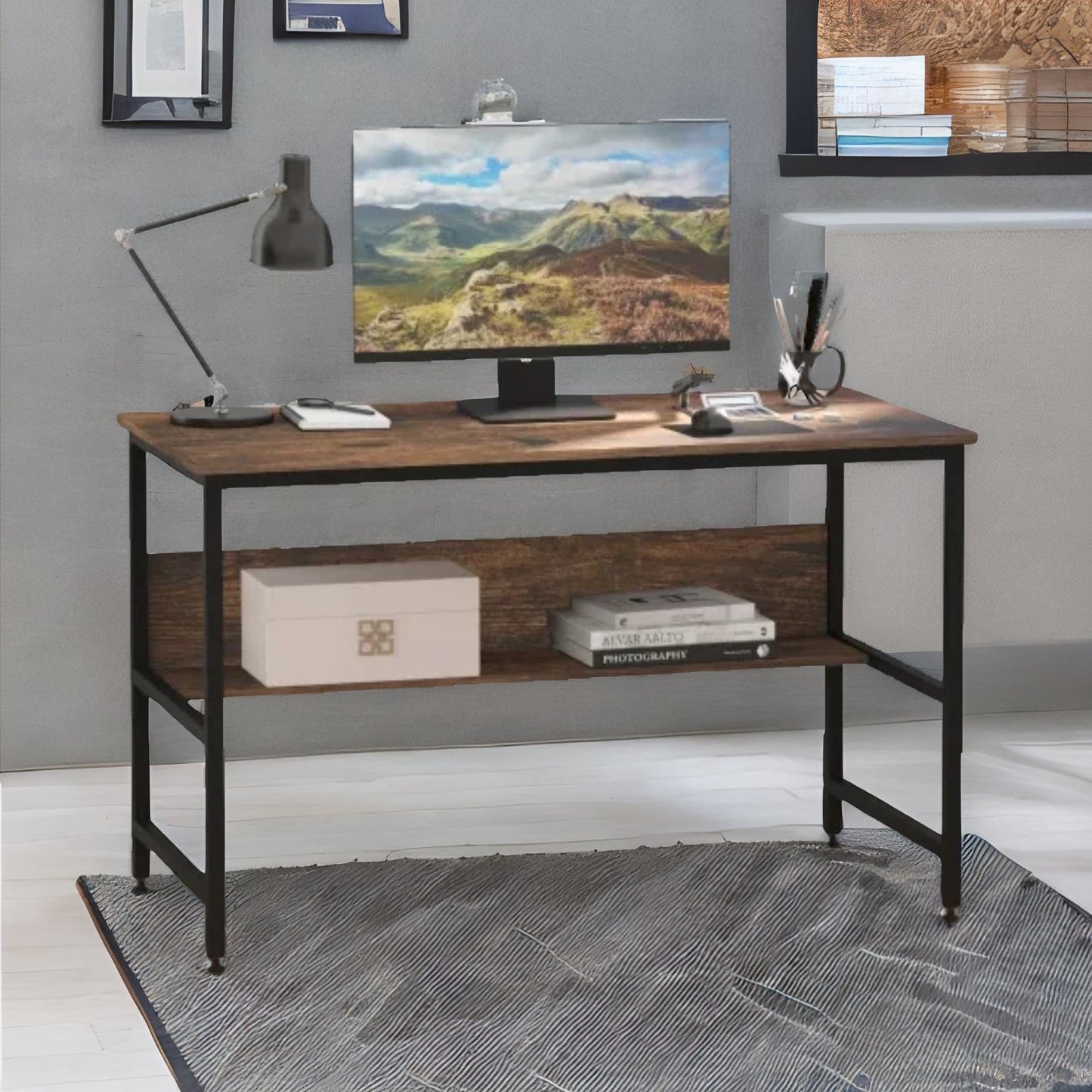 industrial rustic 2 tier computer desk