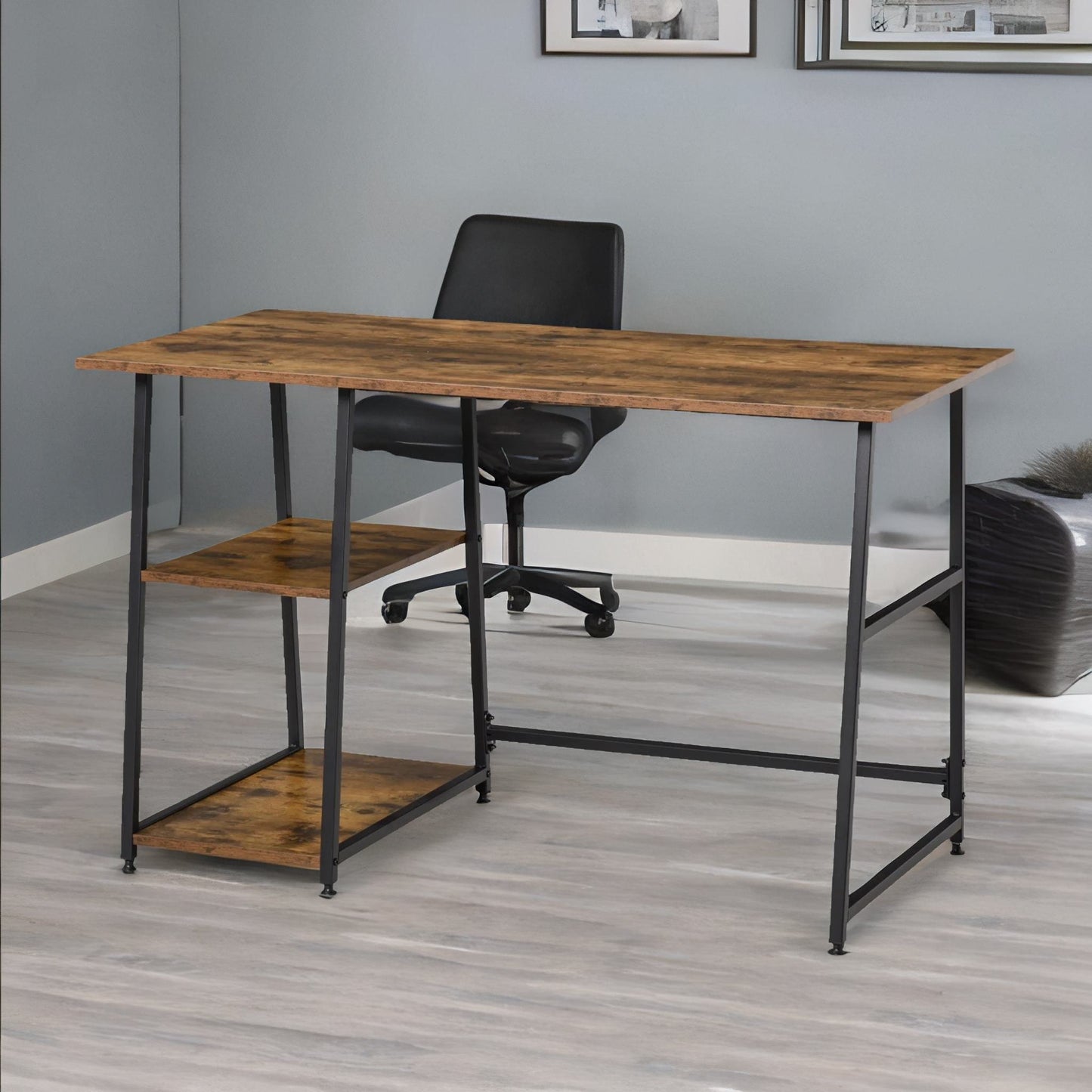 industrial rustic writing desk with 2 shelves