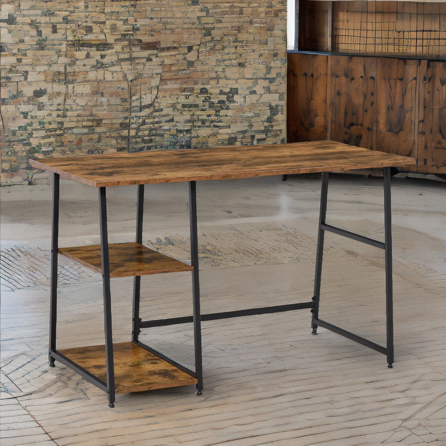 industrial rustic writing desk with 2 shelves