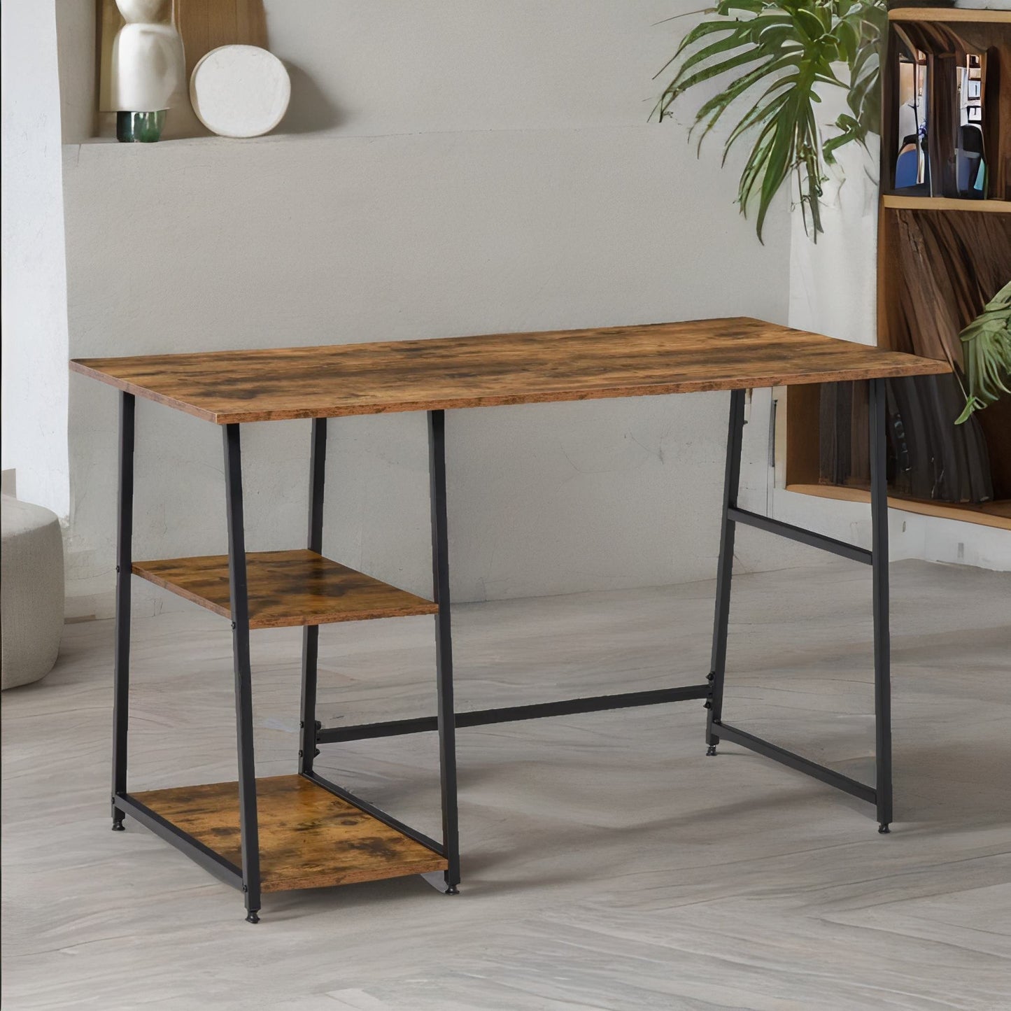 industrial rustic writing desk with 2 shelves