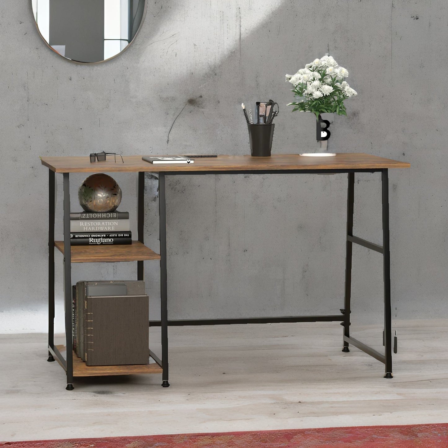 industrial rustic writing desk with 2 shelves