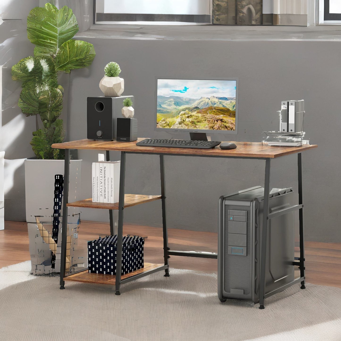 industrial rustic writing desk with 2 shelves