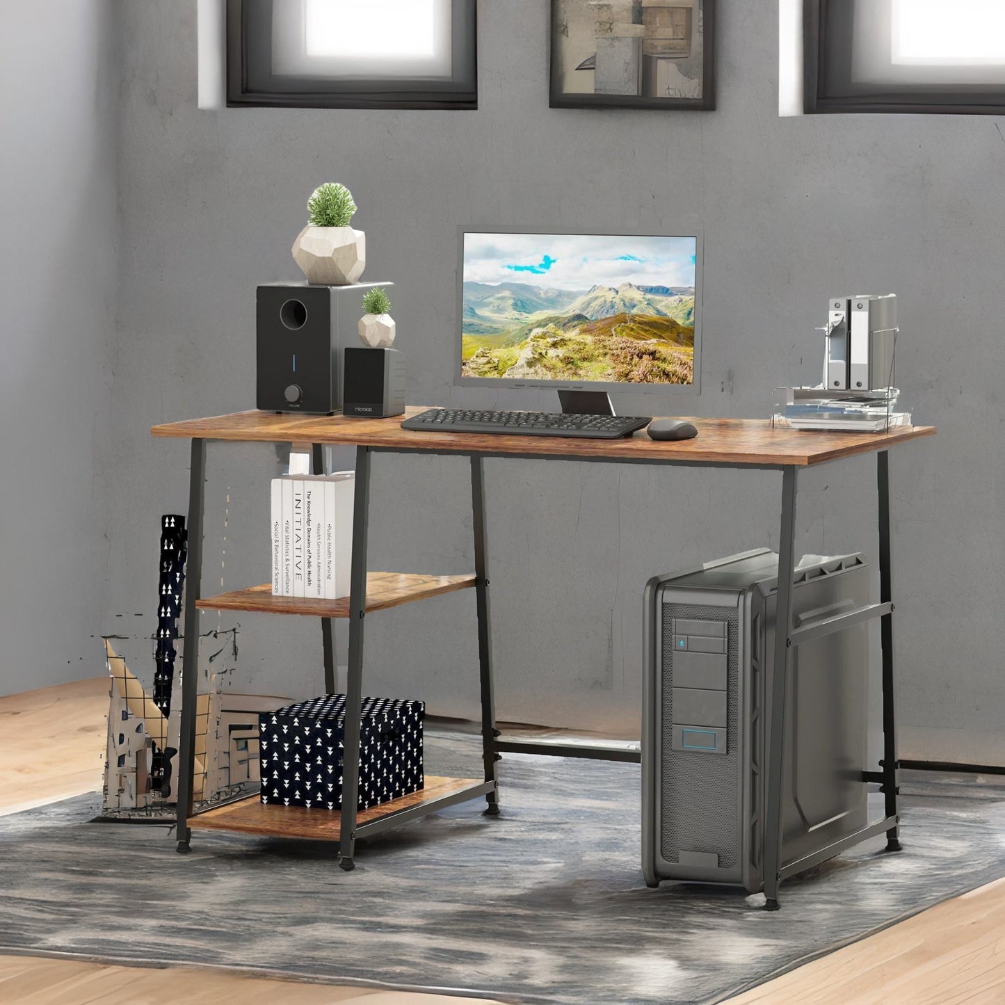 industrial rustic writing desk with 2 shelves