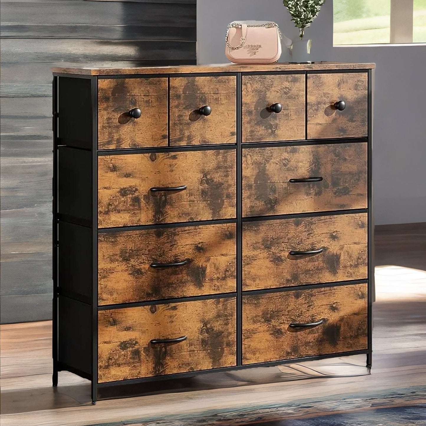 industrial 10 drawer chest rustic brown