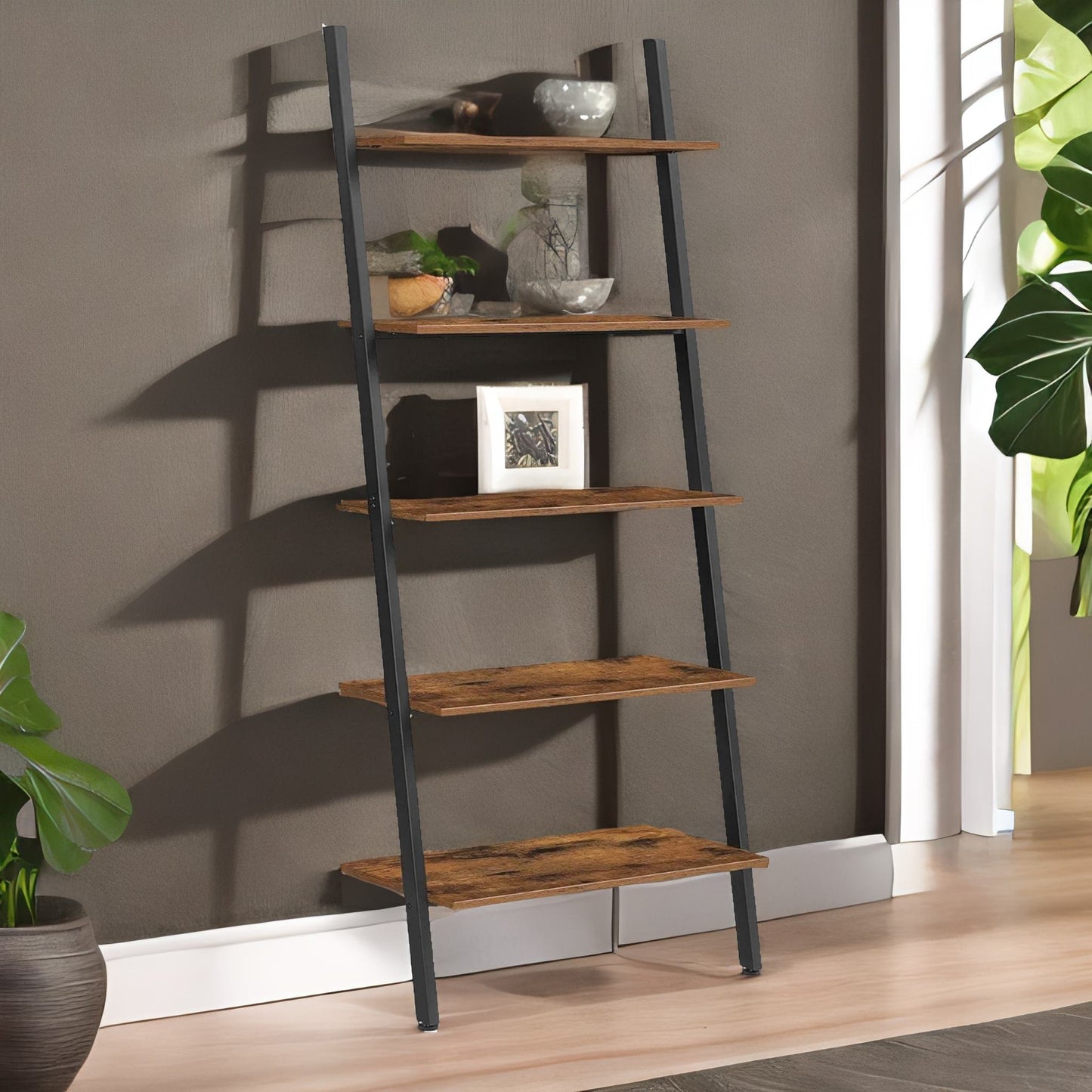 industrial 5 tier wall ladder shelf rustic brown