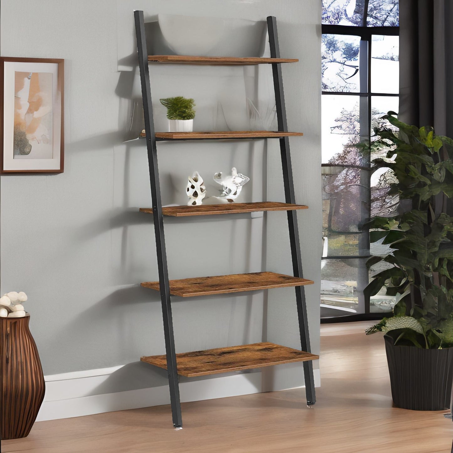 industrial 5 tier wall ladder shelf rustic brown