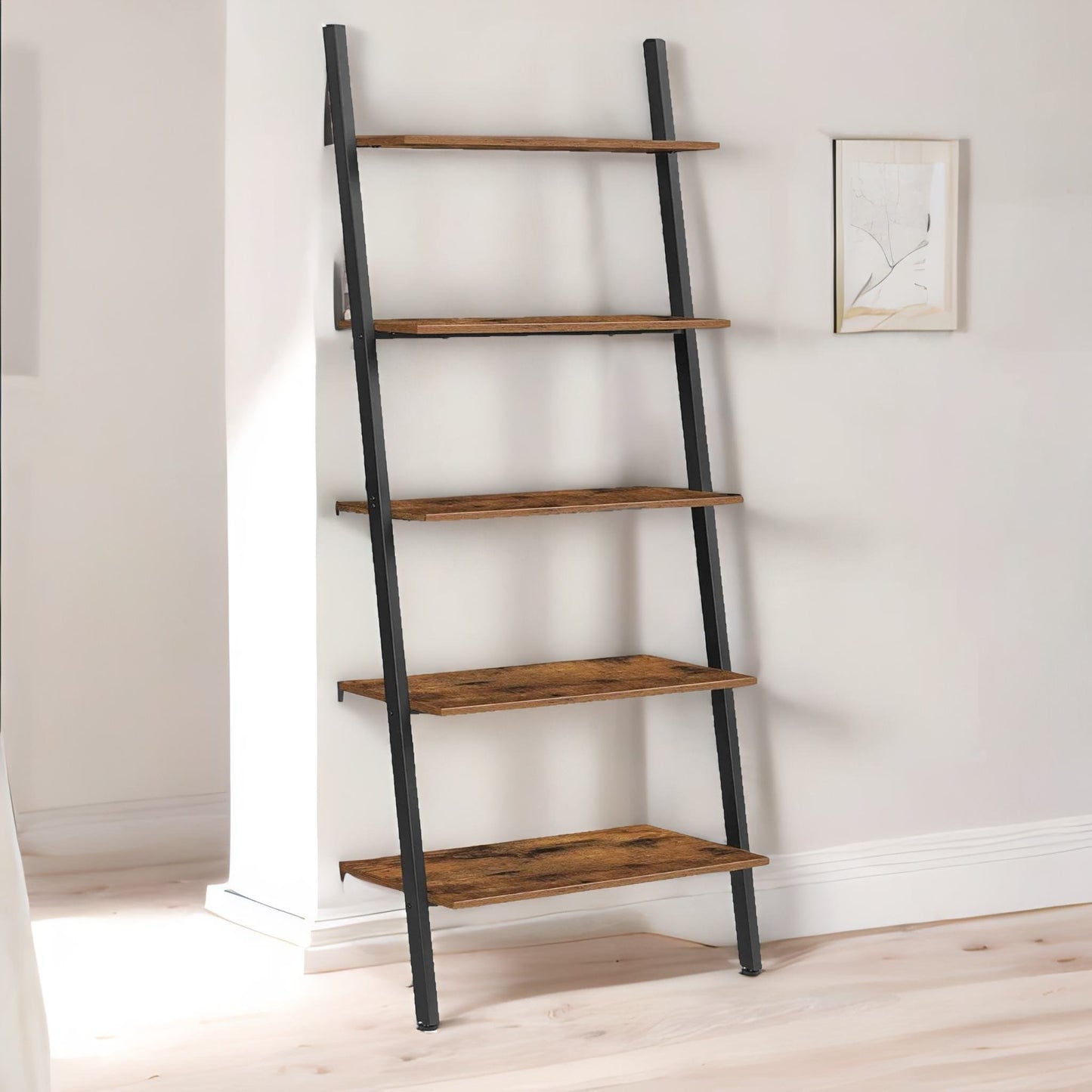 industrial 5 tier wall ladder shelf rustic brown