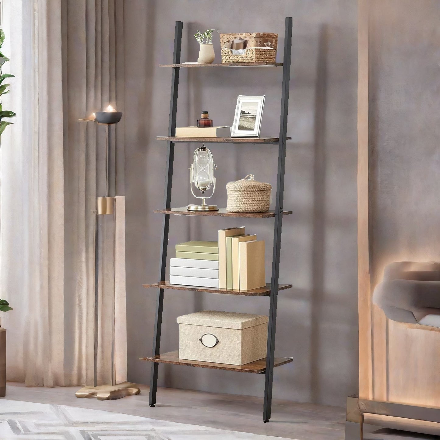 industrial 5 tier wall ladder shelf rustic brown