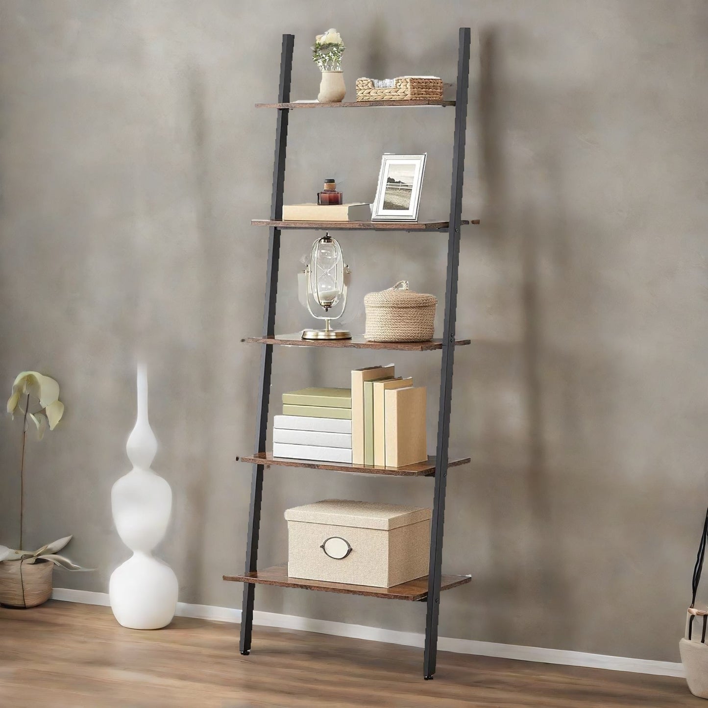 industrial 5 tier wall ladder shelf rustic brown