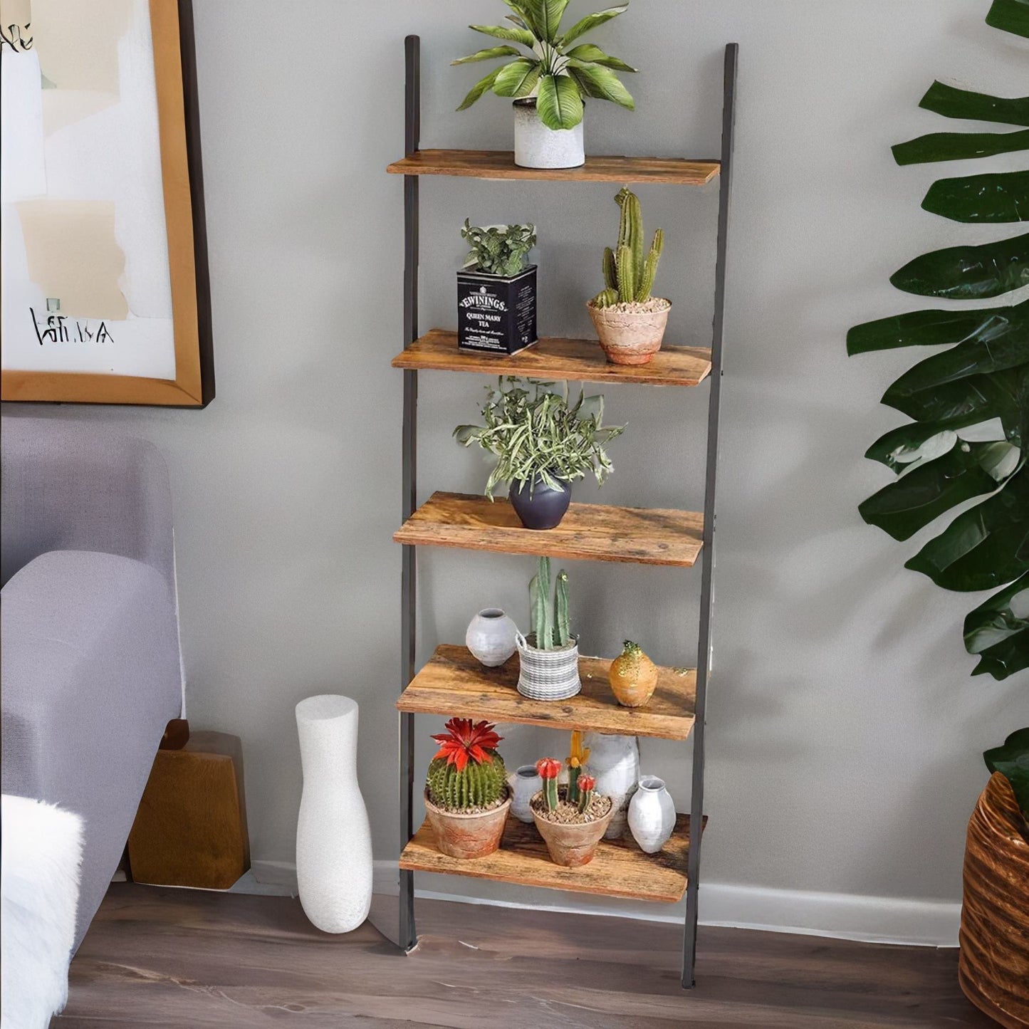 industrial 5 tier wall ladder shelf rustic brown