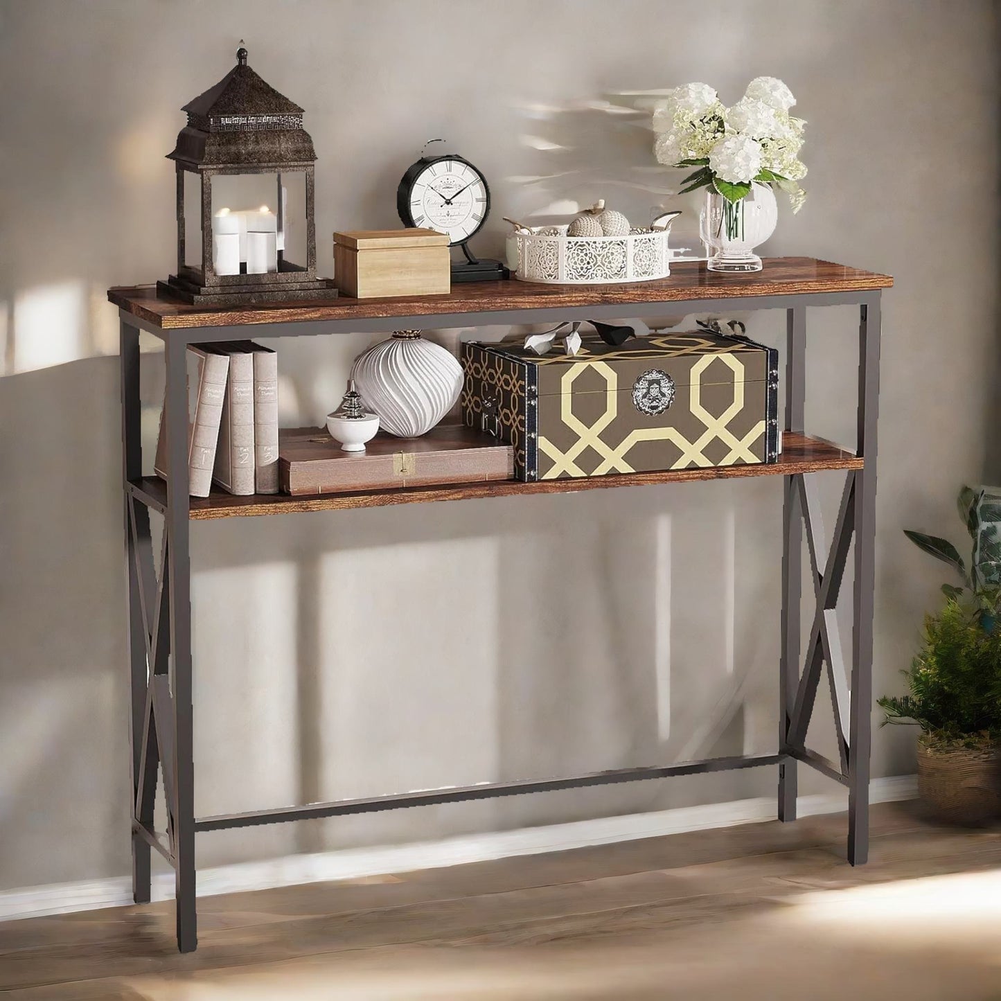 industrial console table with 2 shelves rustic brown