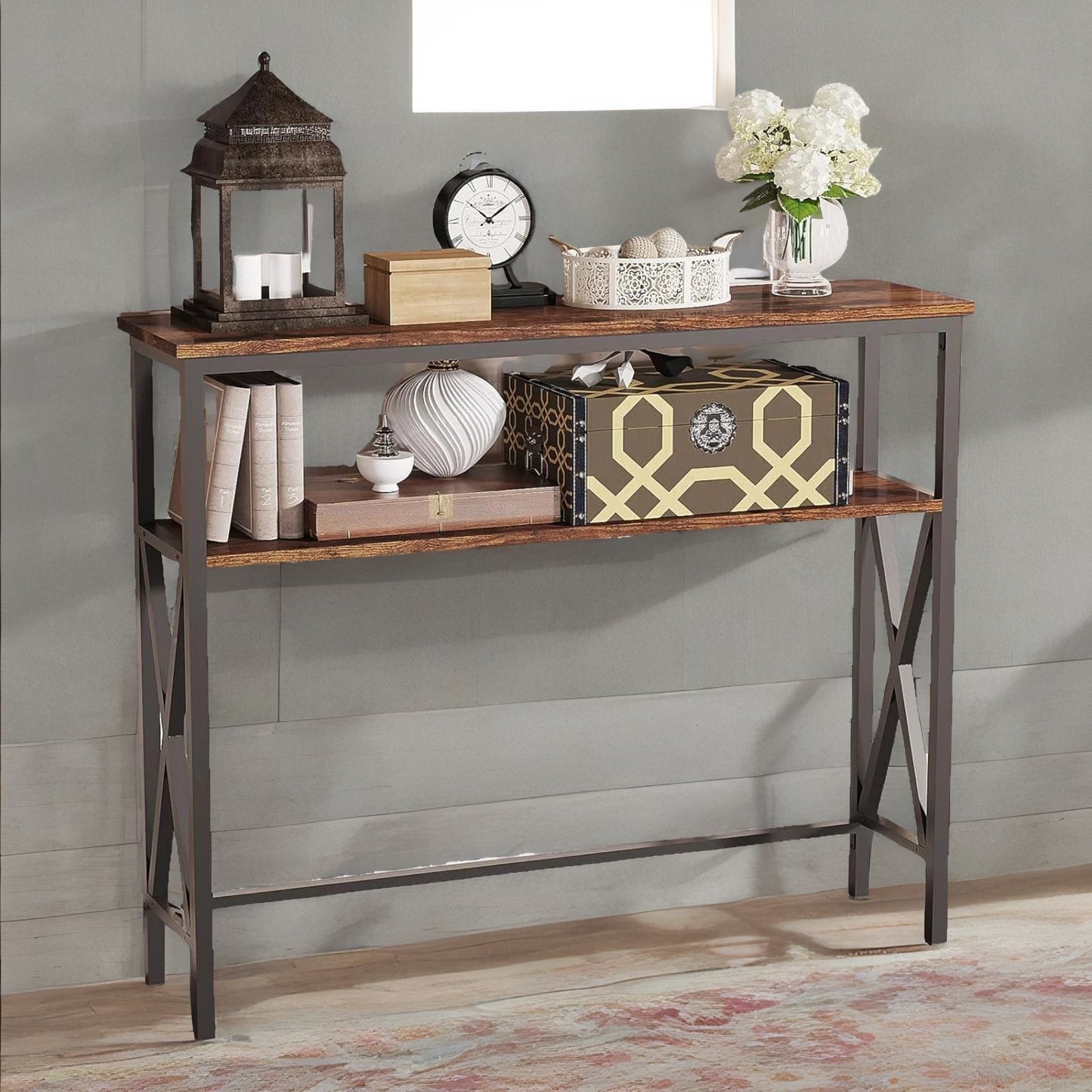 industrial console table with 2 shelves rustic brown