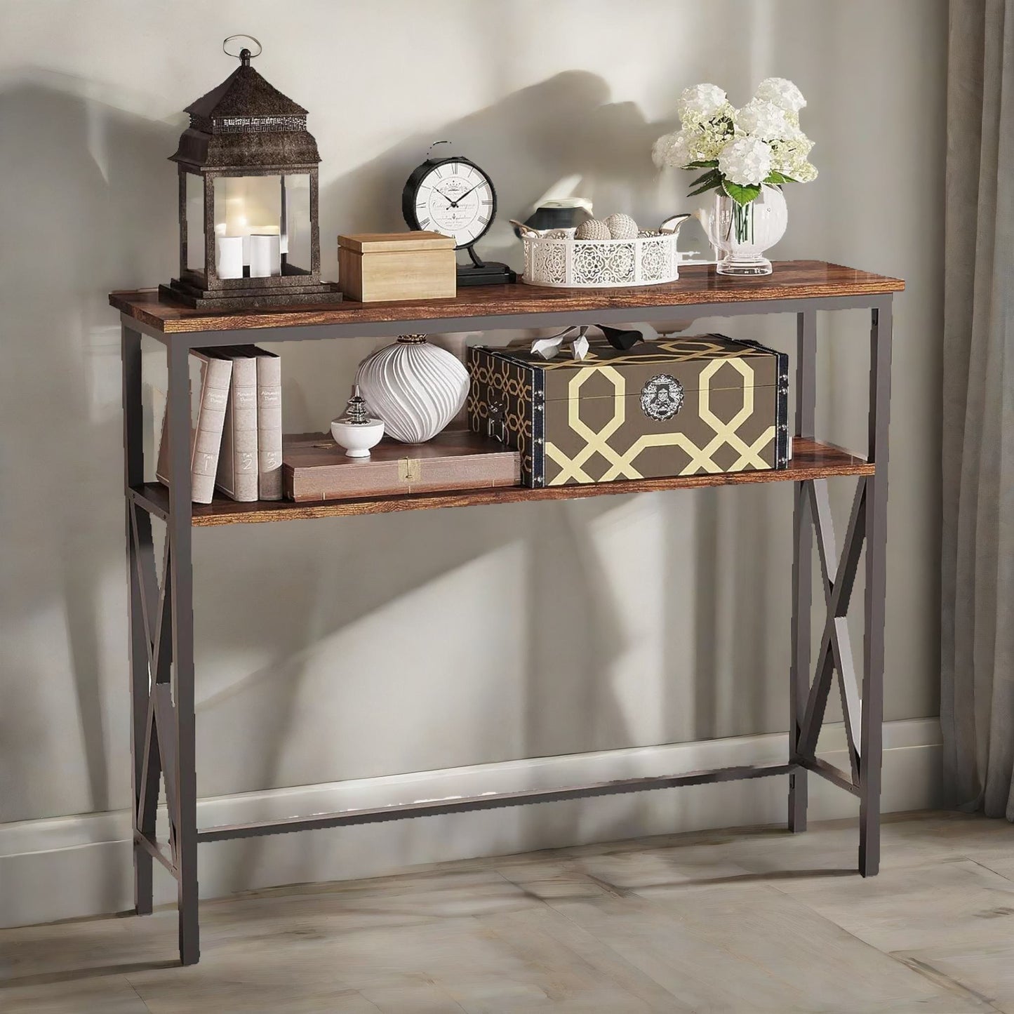 industrial console table with 2 shelves rustic brown