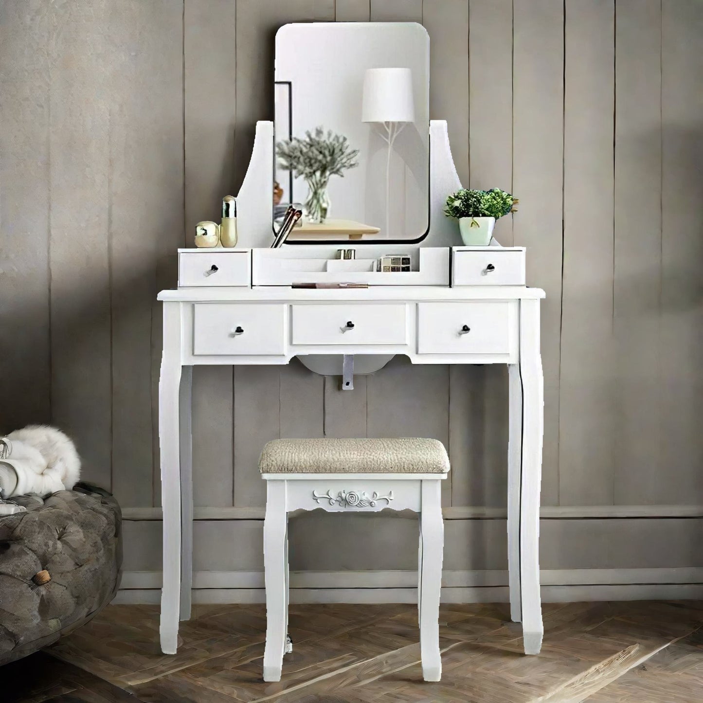 5 drawer white dressing table with mirror and stool