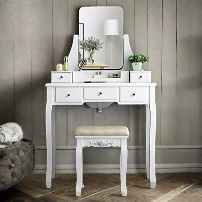 5 Drawer White Dressing Table With Mirror And Stool