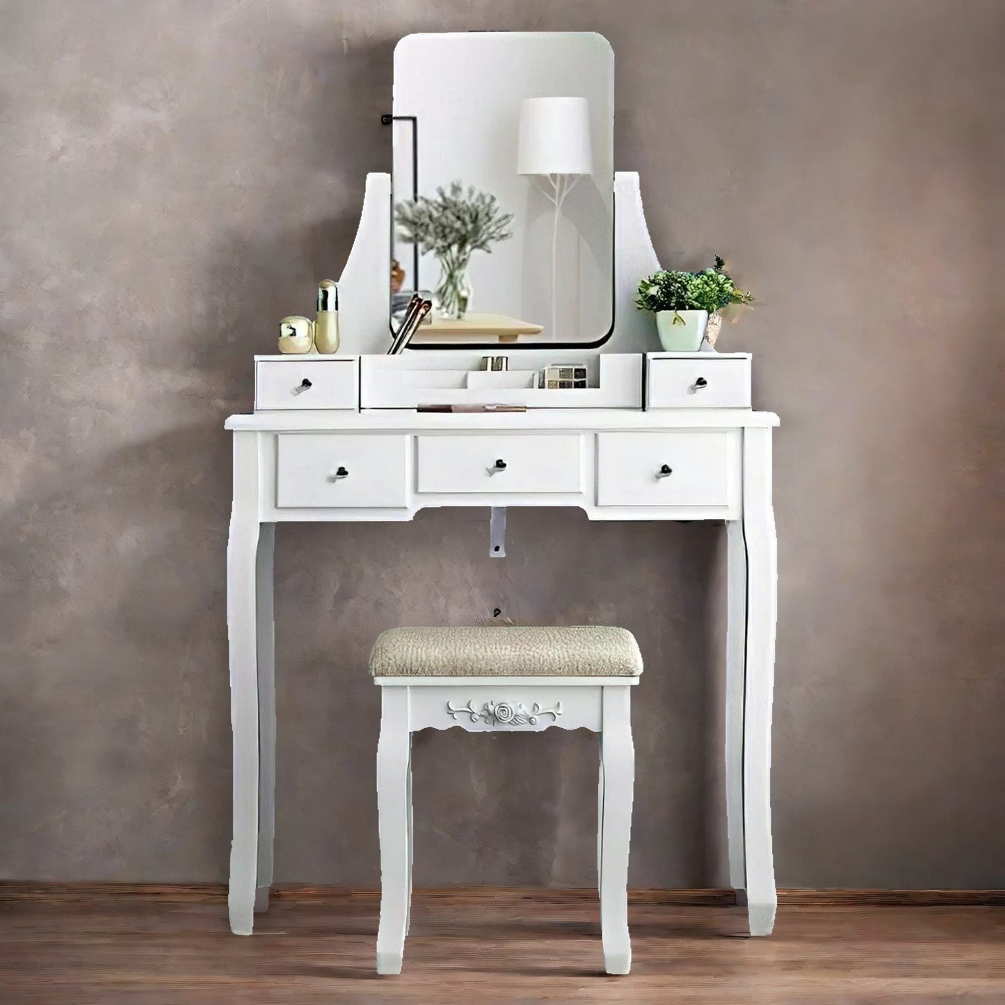 5 drawer white dressing table with mirror and stool