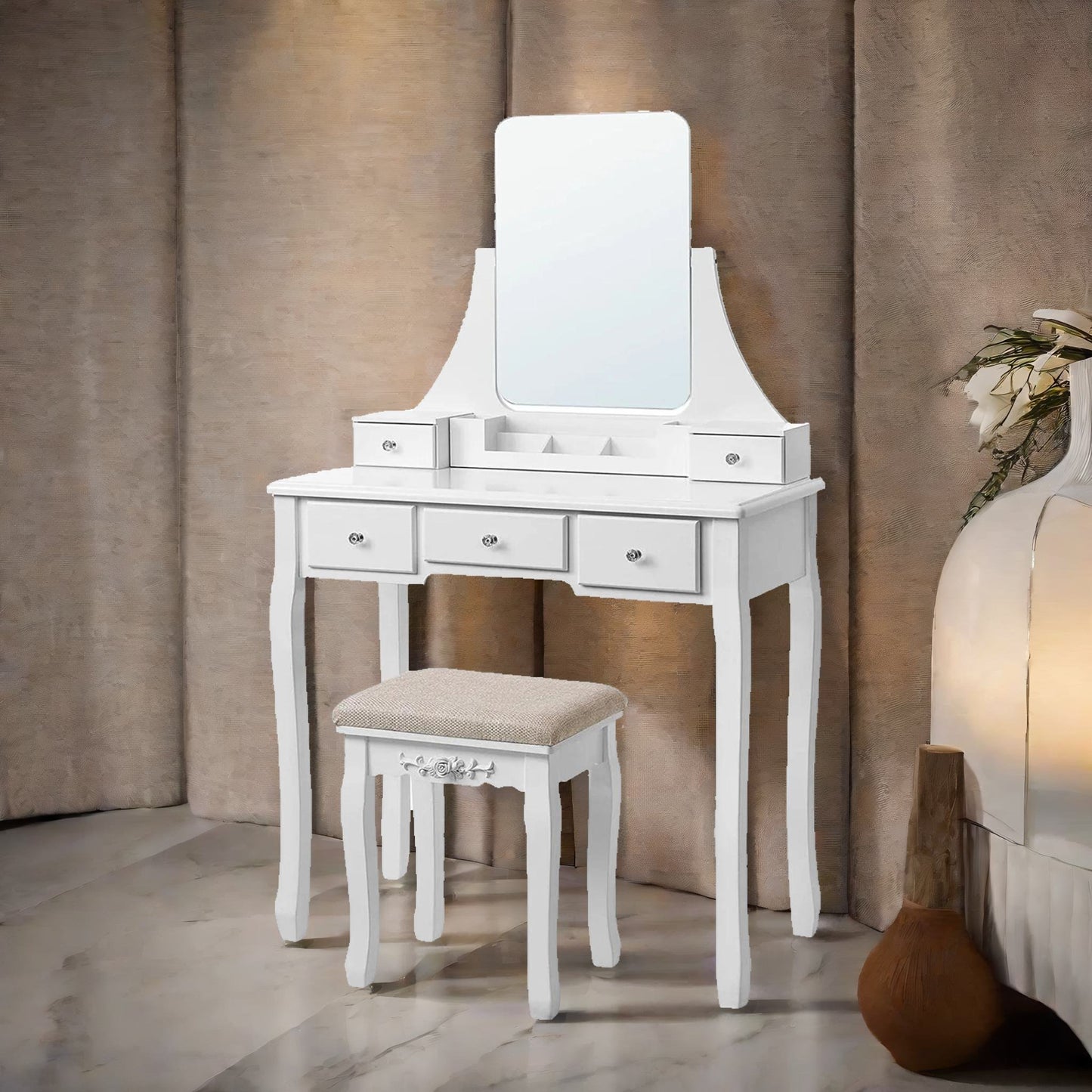 5 drawer white dressing table with mirror and stool