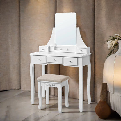 5 Drawer White Dressing Table With Mirror And Stool