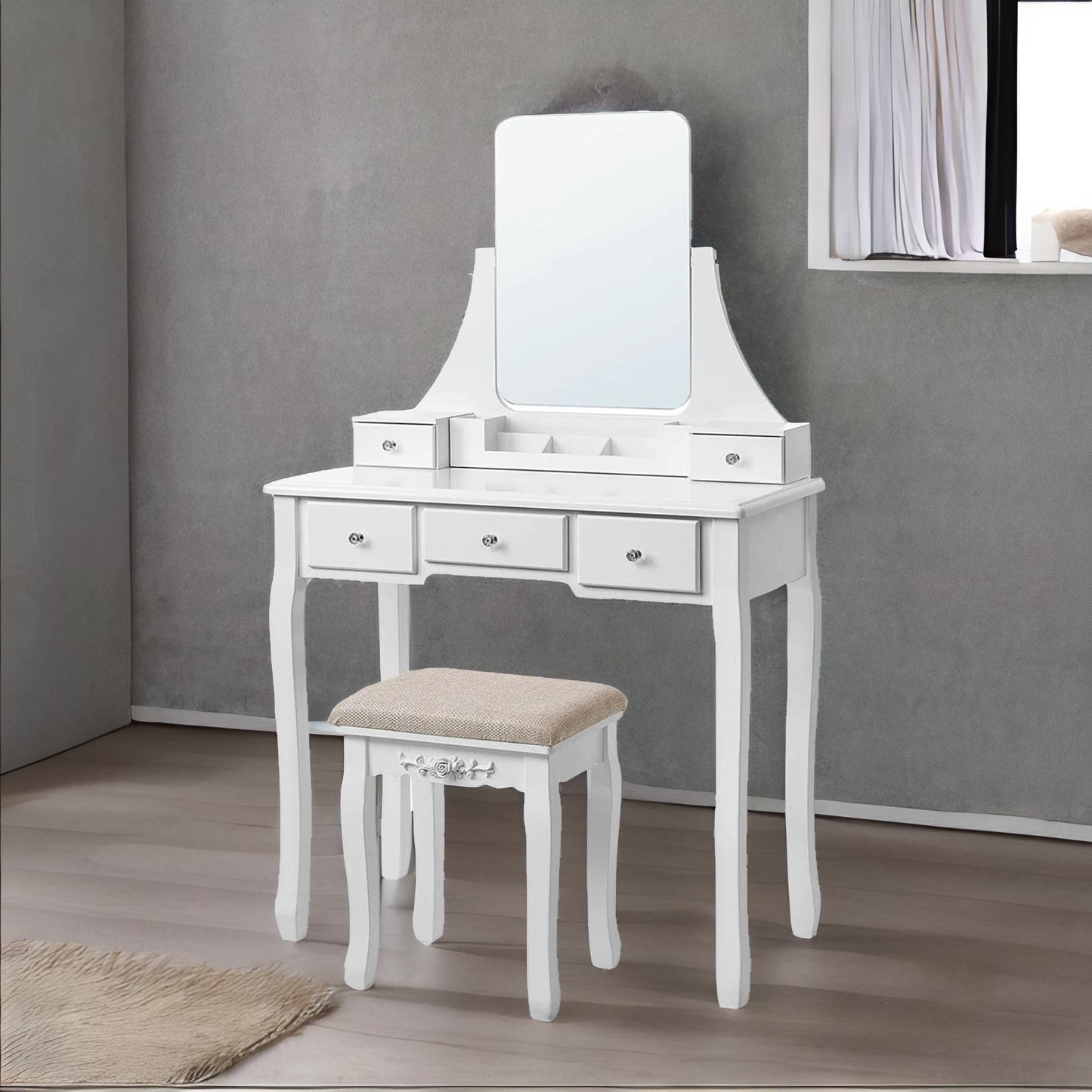 5 drawer white dressing table with mirror and stool