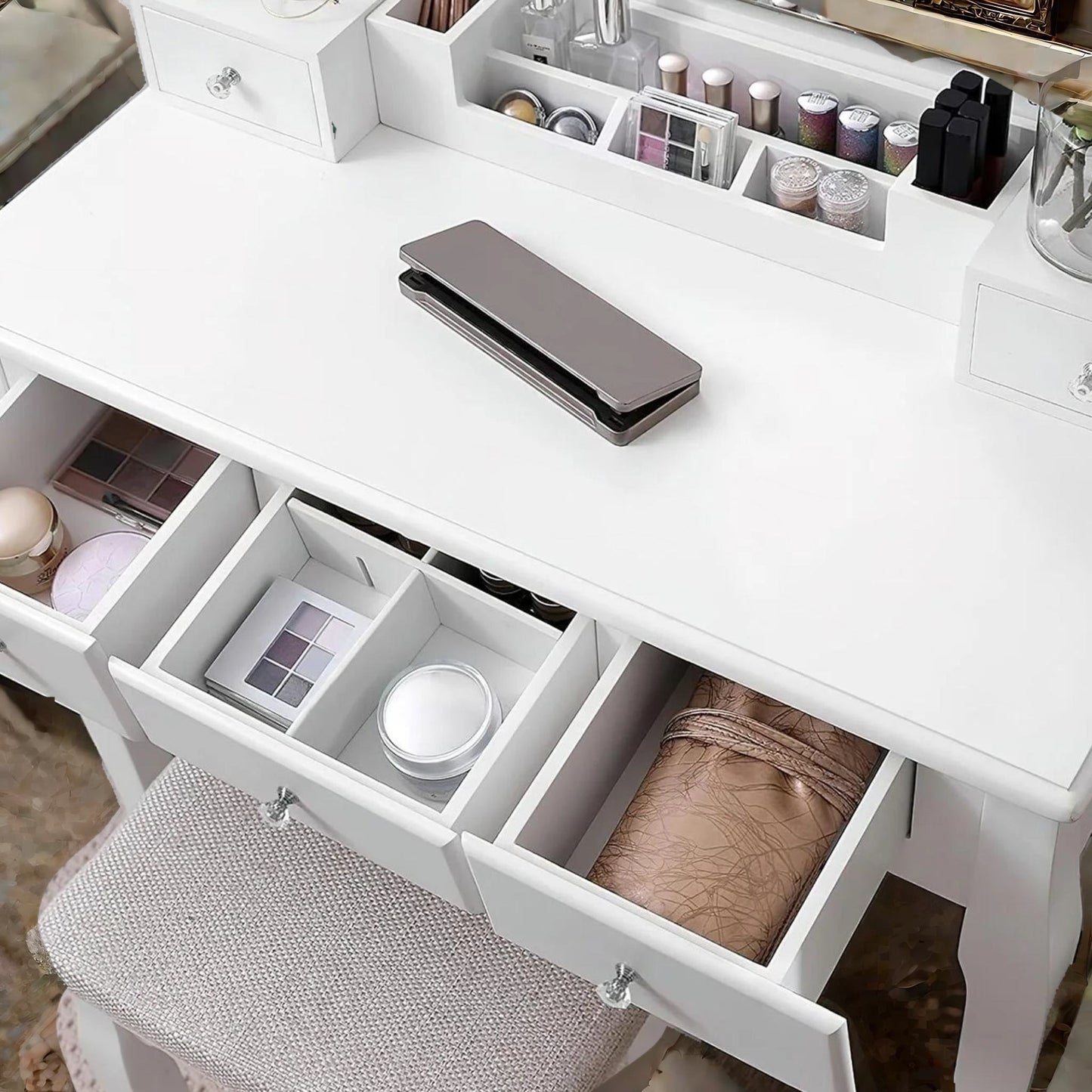 5 drawer white dressing table with mirror and stool