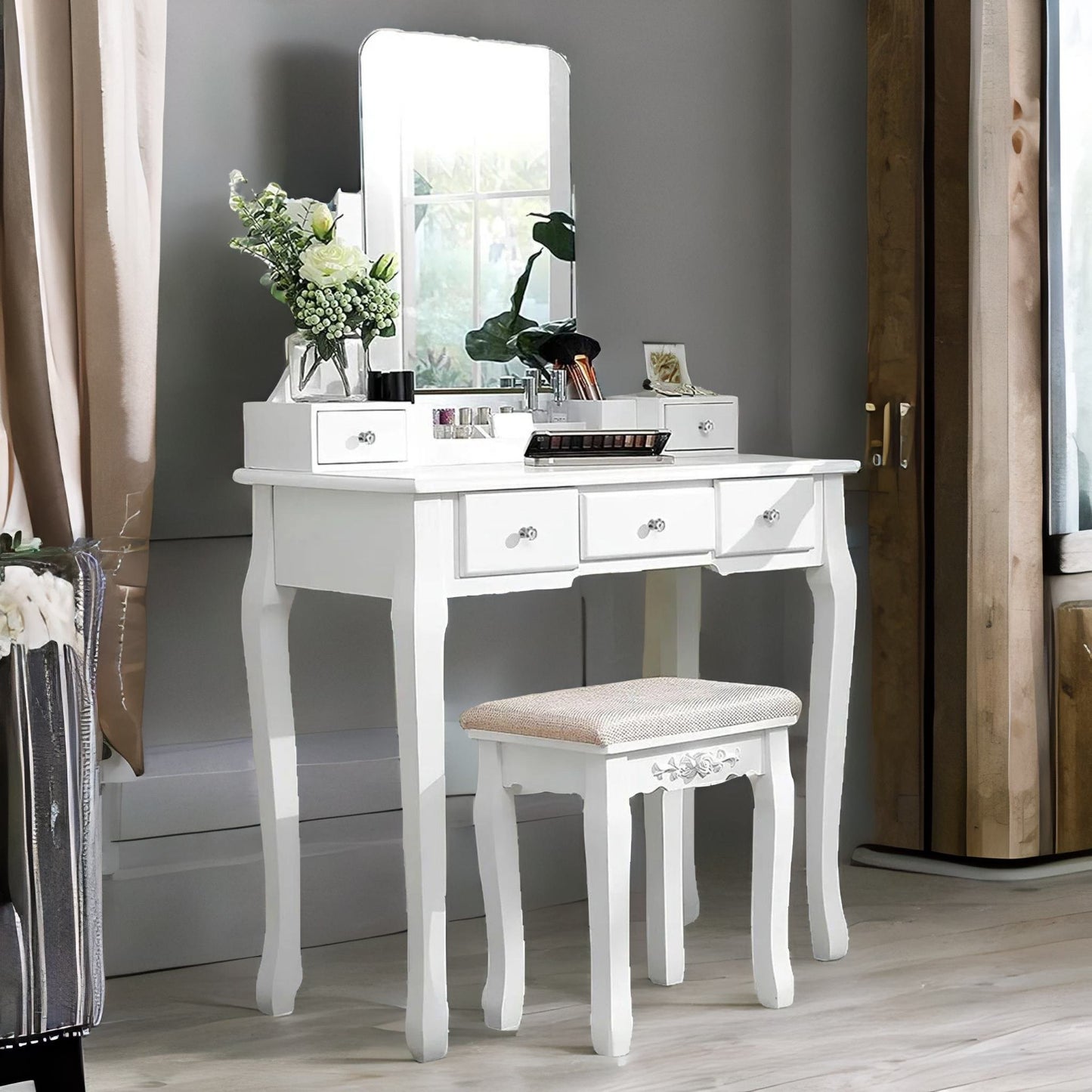 5 drawer white dressing table with mirror and stool