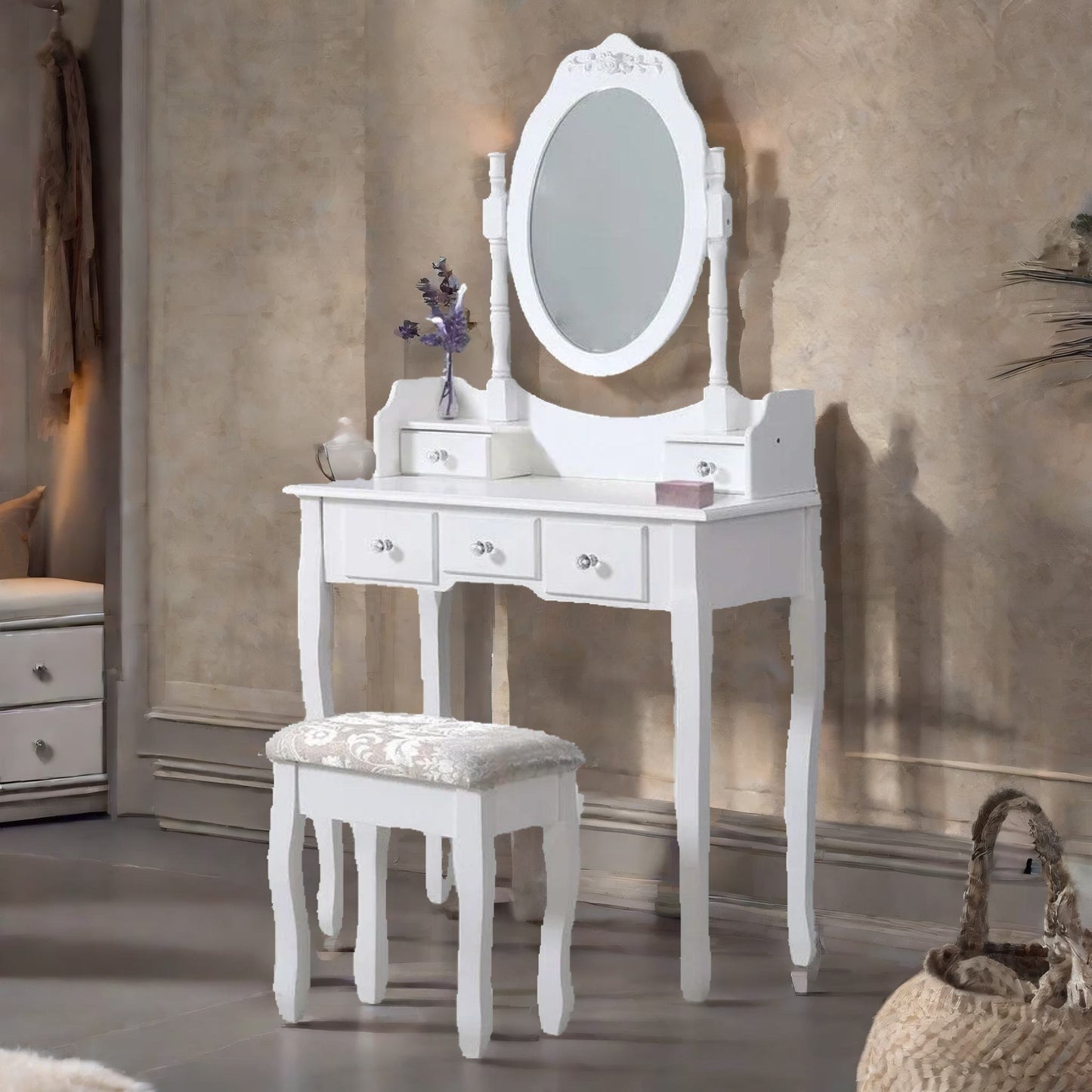 5 drawer white dressing table with round mirror and stool