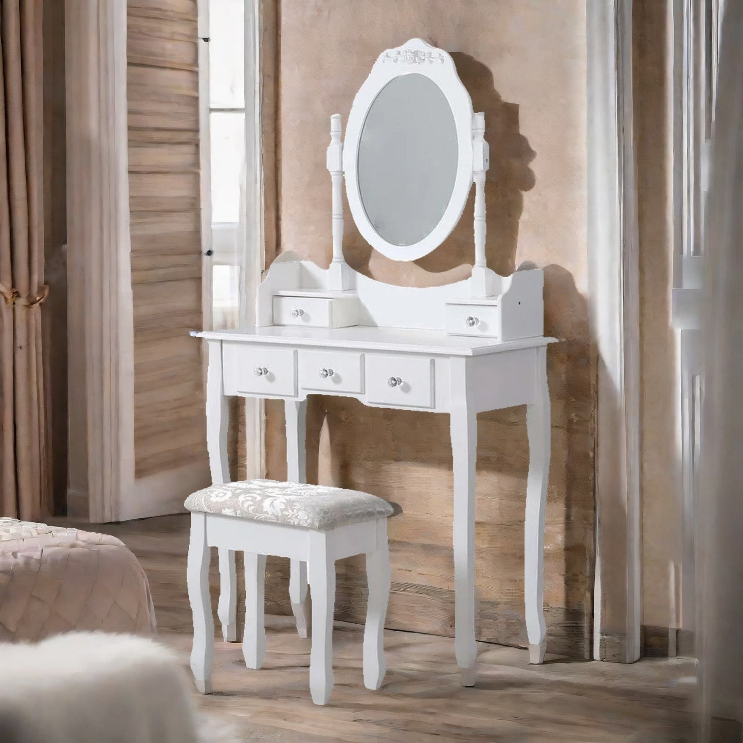 5 drawer white dressing table with round mirror and stool