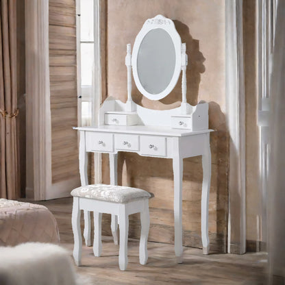 5 Drawer White Dressing Table With Round Mirror And Stool