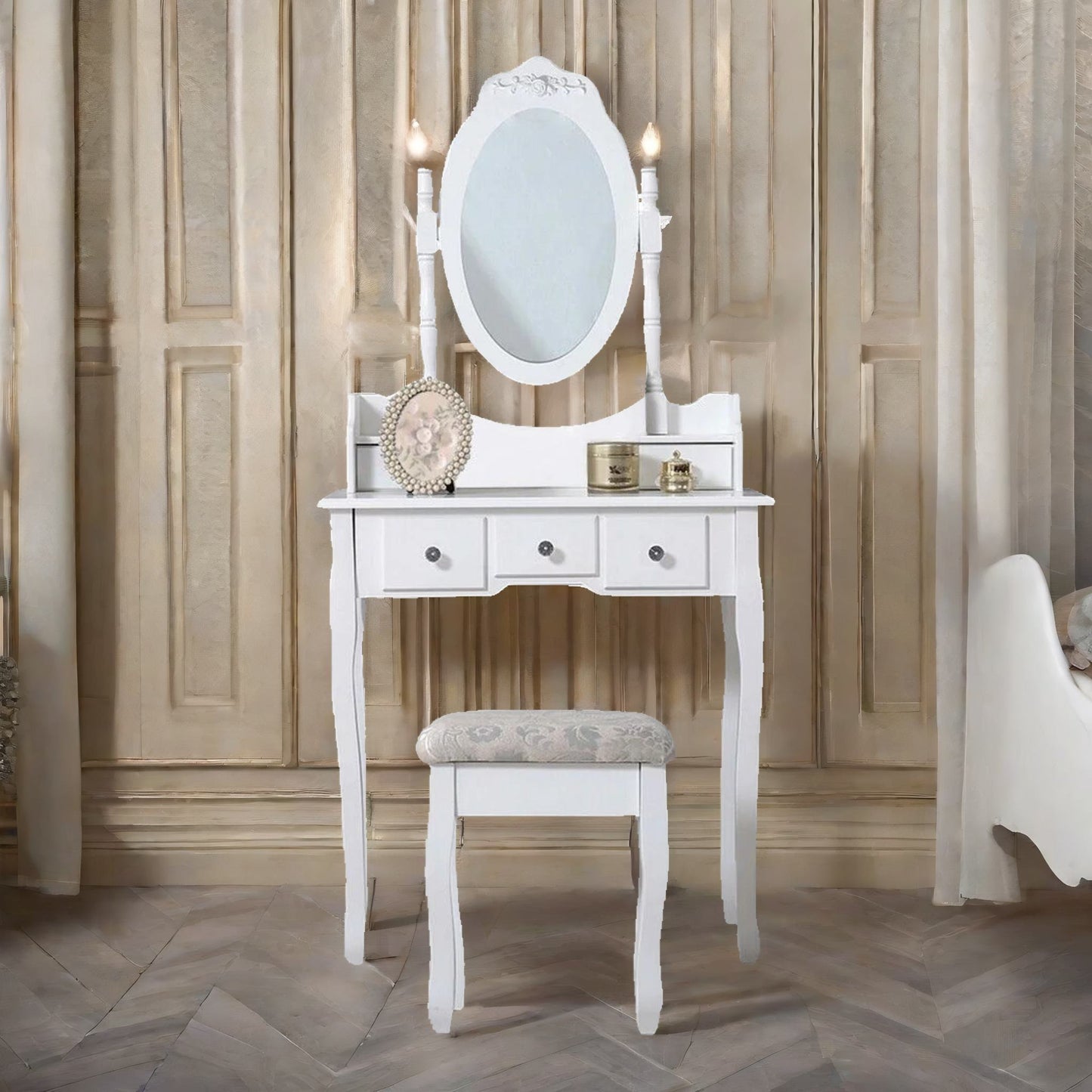 5 drawer white dressing table with round mirror and stool