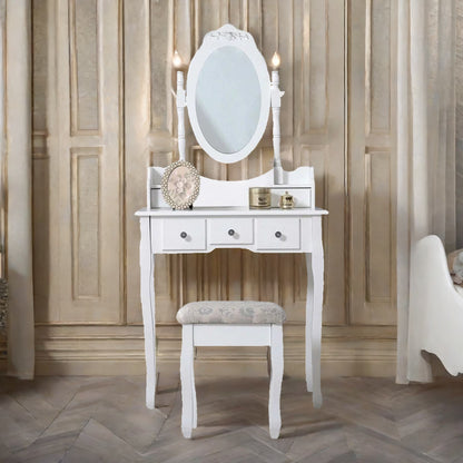 5 Drawer White Dressing Table With Round Mirror And Stool