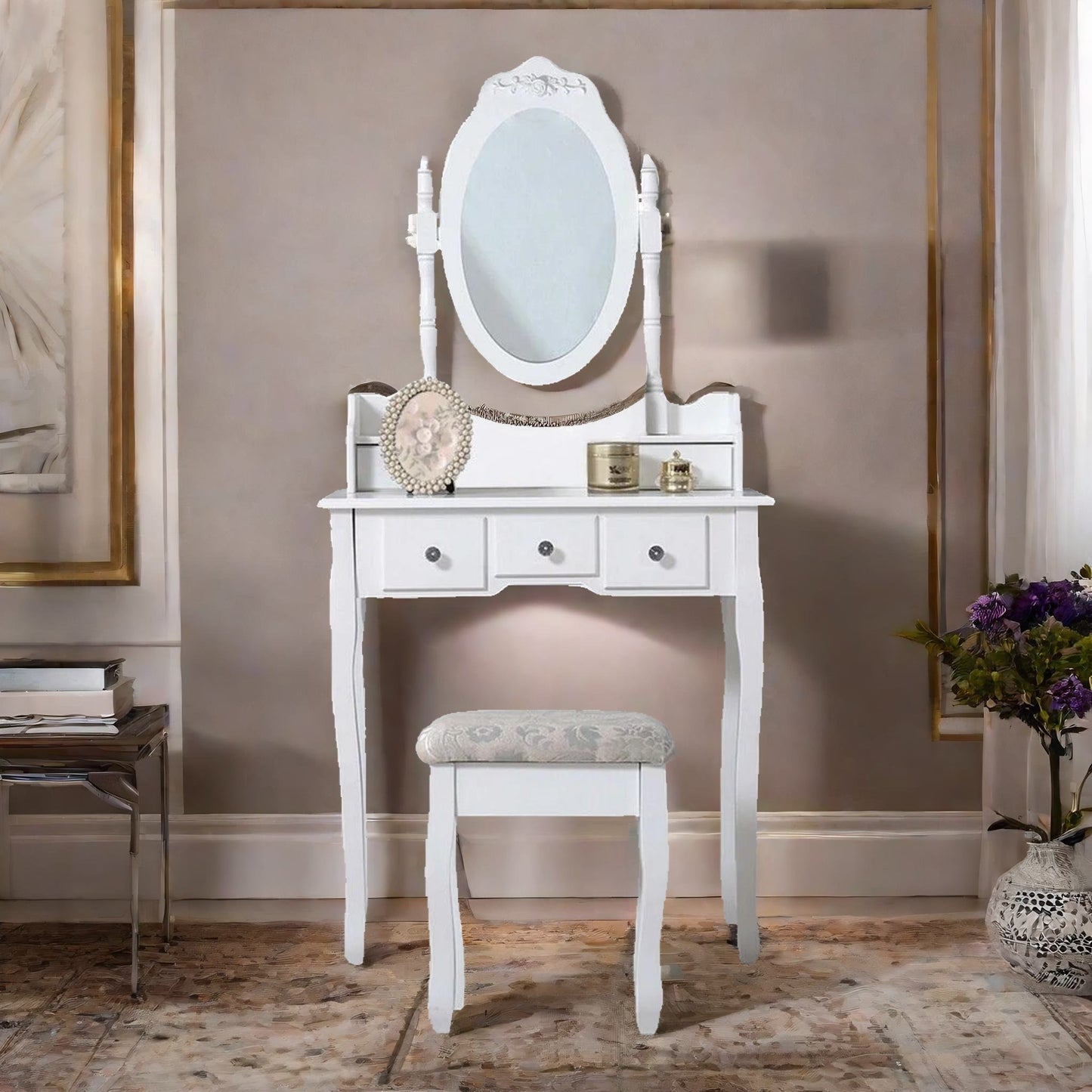 5 drawer white dressing table with round mirror and stool