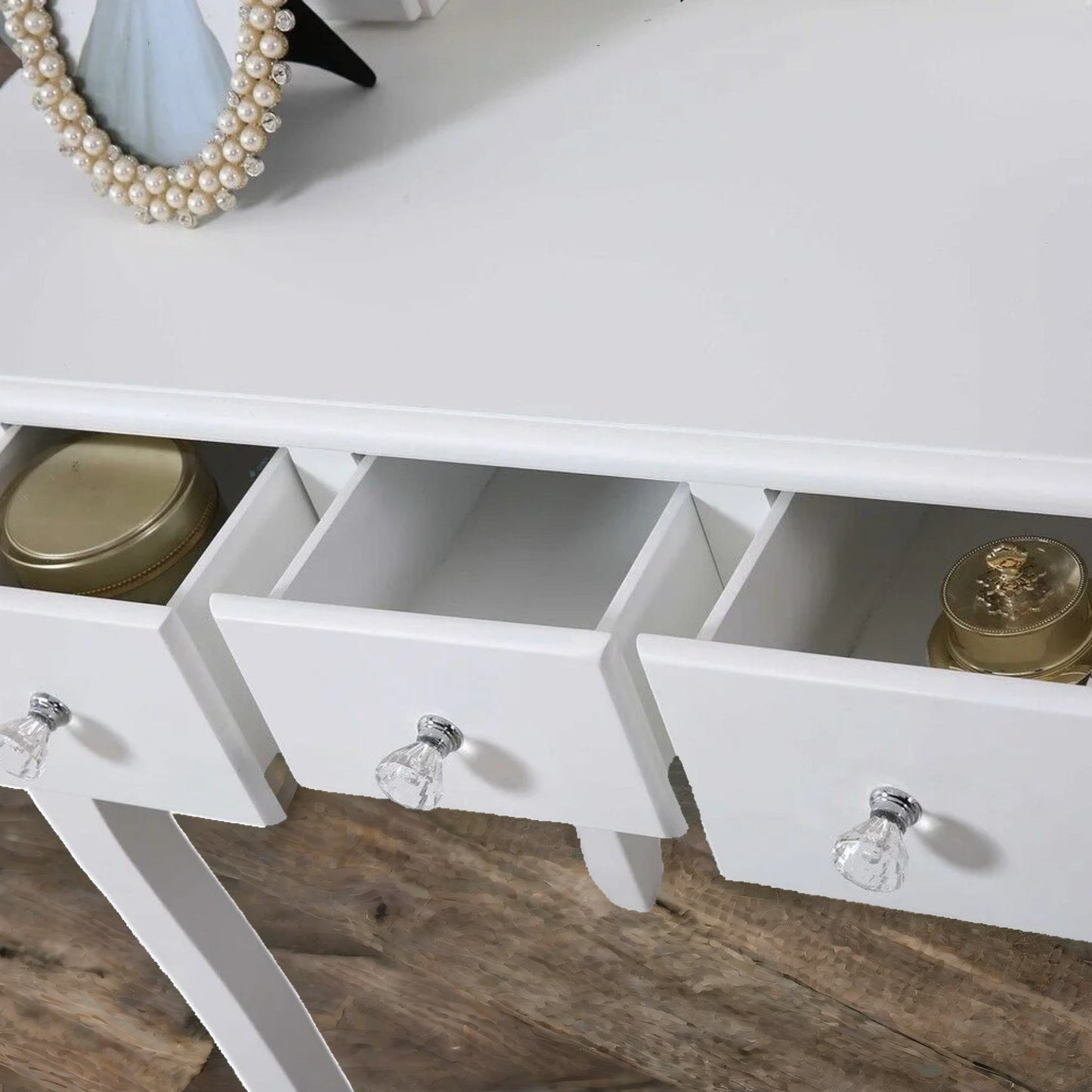 5 drawer white dressing table with round mirror and stool