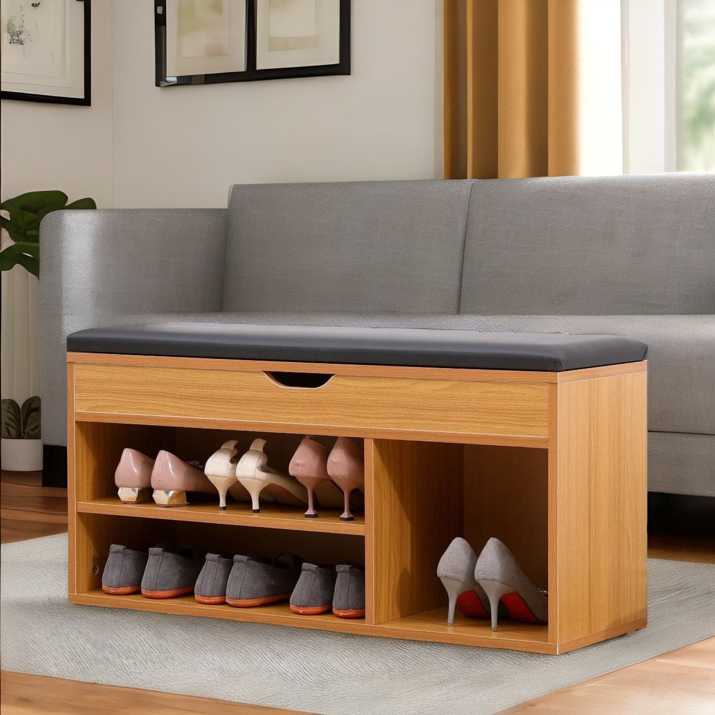 wooden shoe storage bench with cushioned seat 90cm