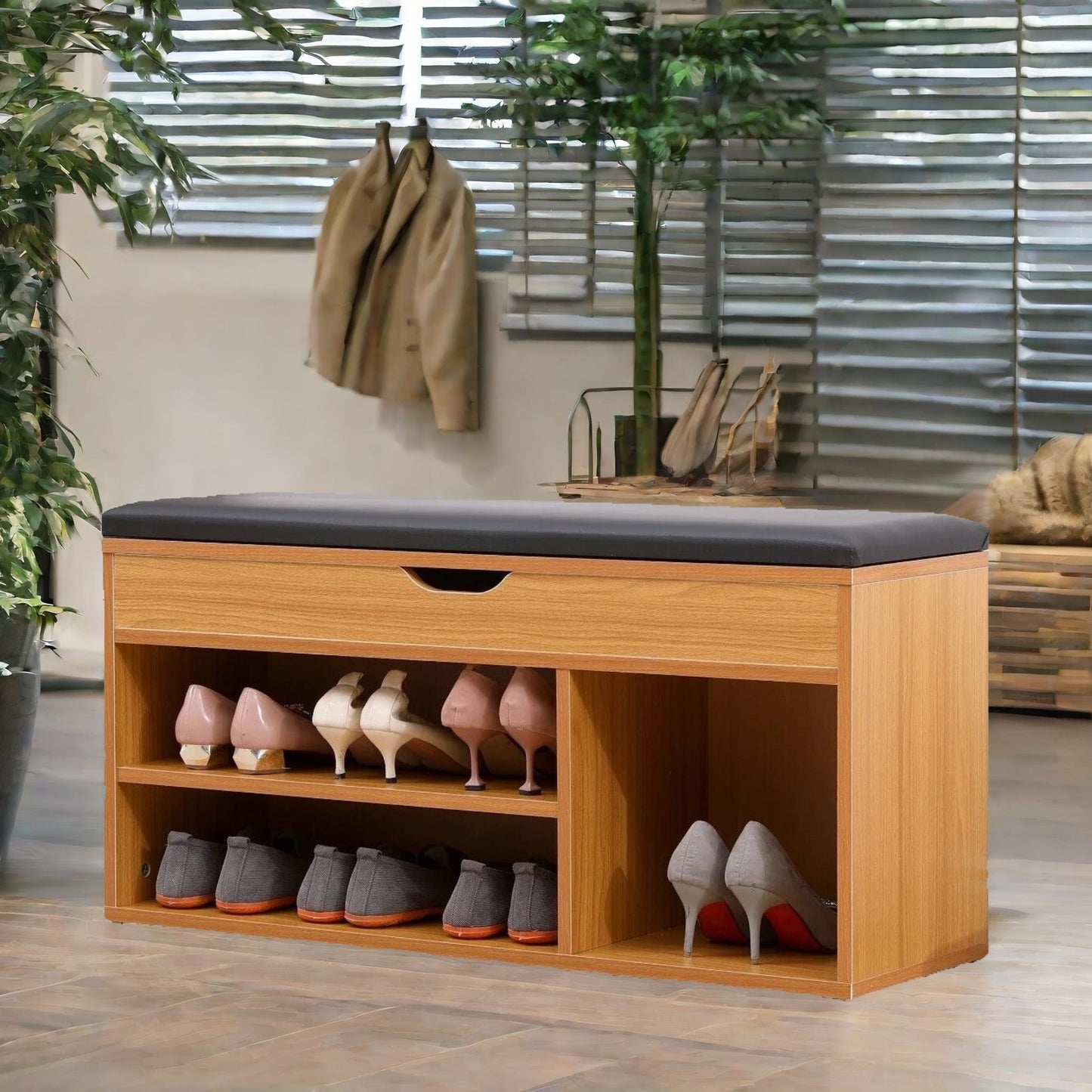 wooden shoe storage bench with cushioned seat 90cm