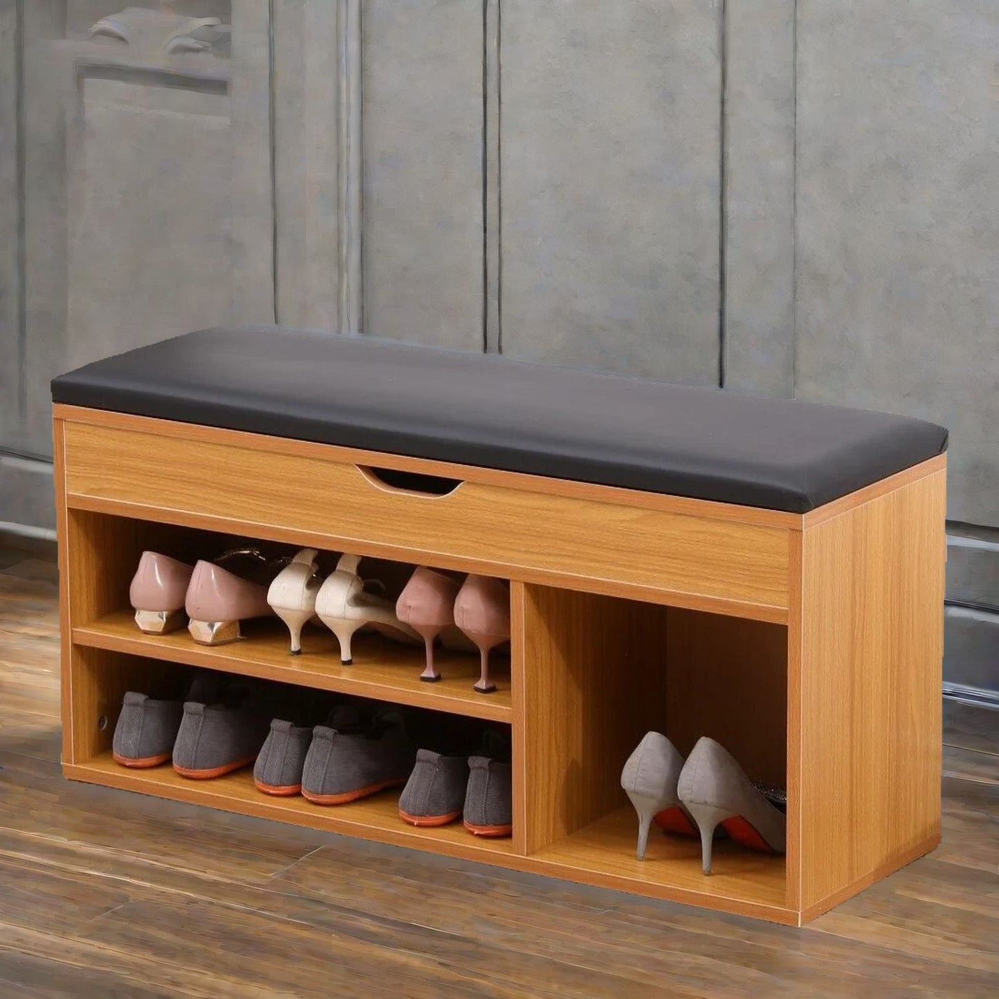 wooden shoe storage bench with cushioned seat 90cm