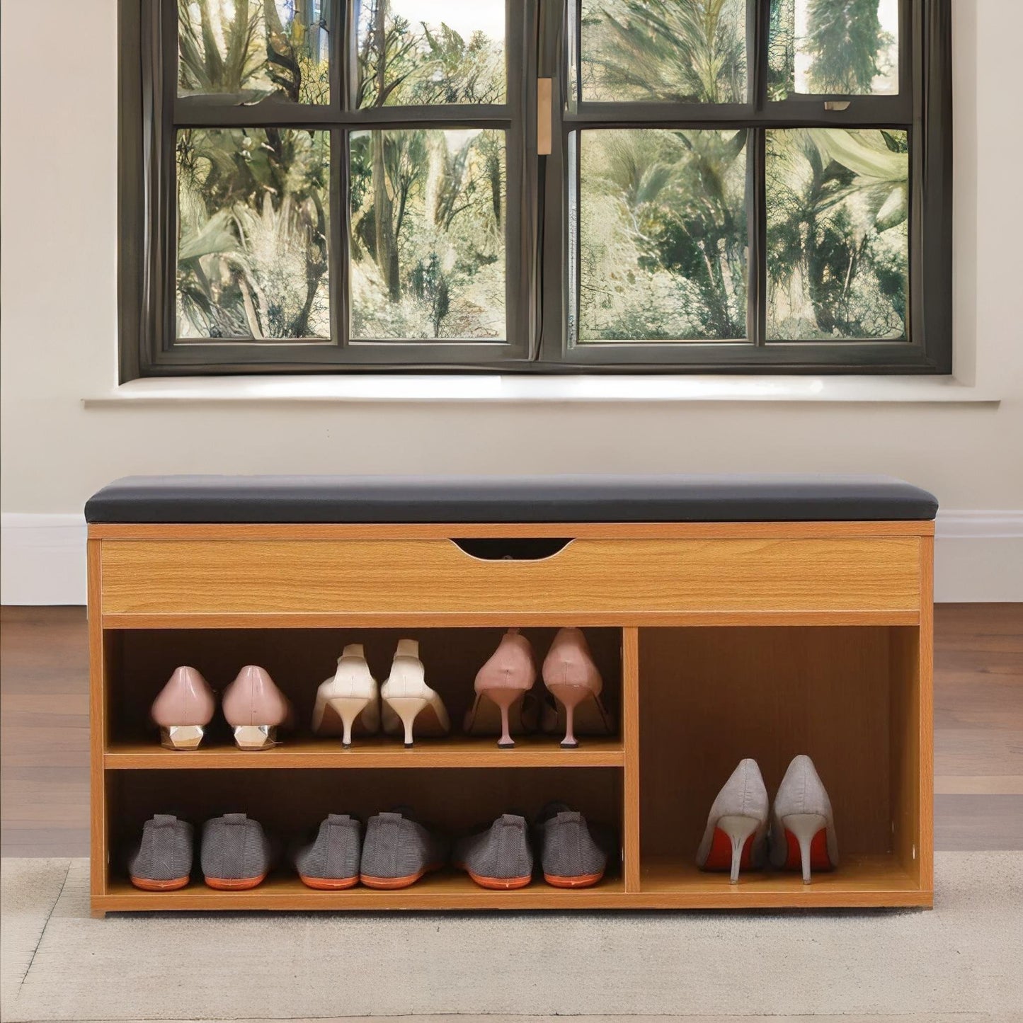 wooden shoe storage bench with cushioned seat 90cm