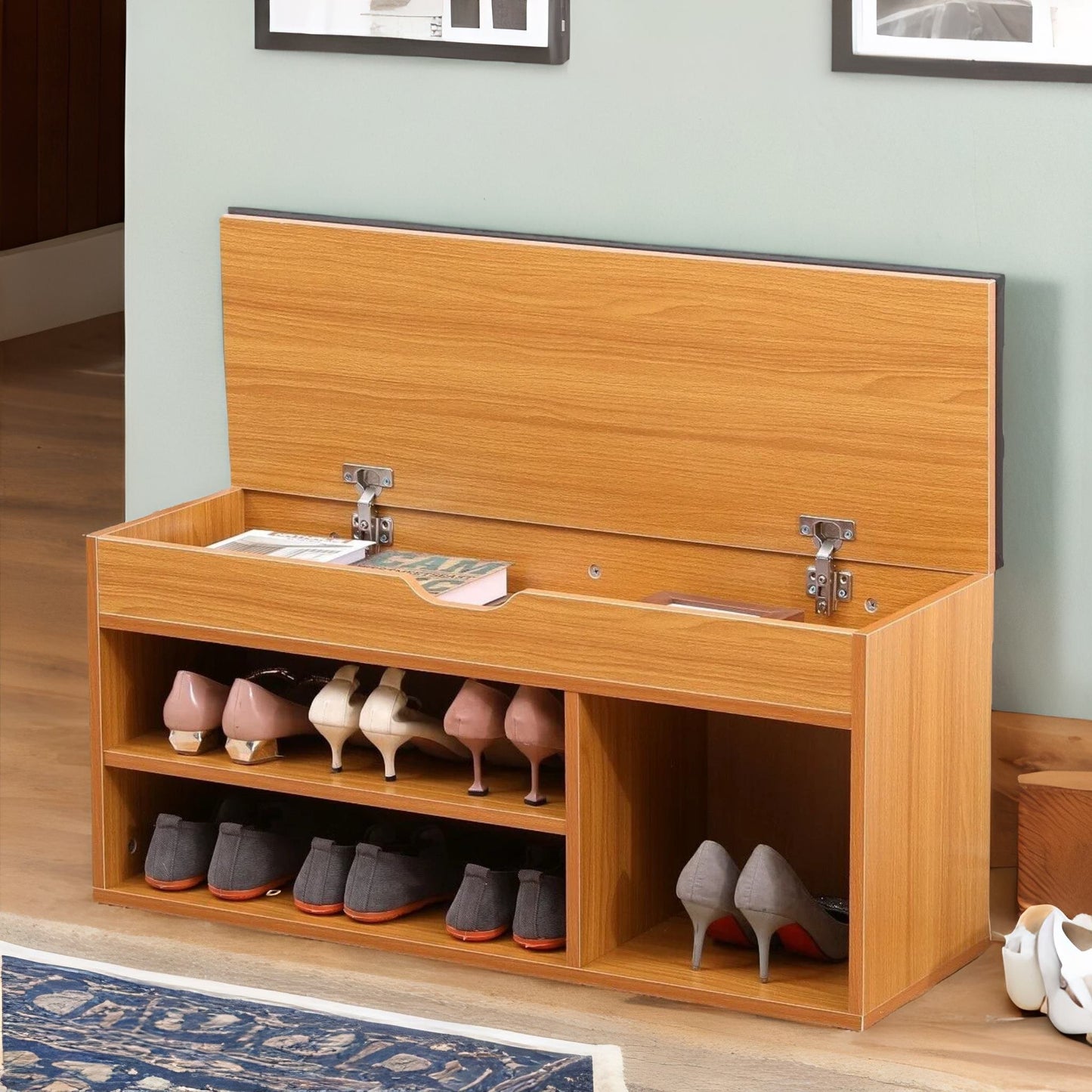 wooden shoe storage bench with cushioned seat 90cm