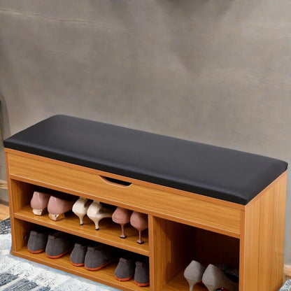 Wooden Shoe Storage Bench With Cushioned Seat 90CM