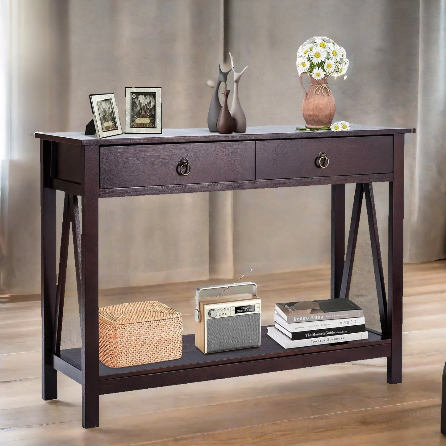 industrial narrow console table with 2 drawers walnut brown