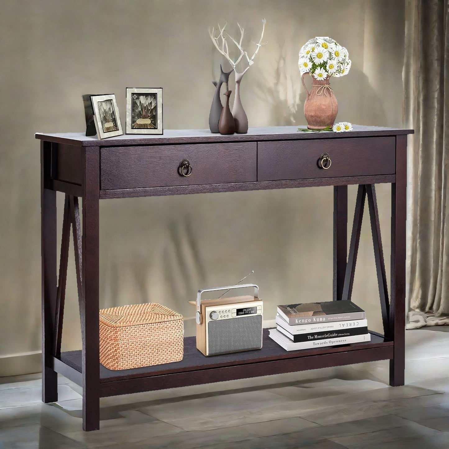 industrial narrow console table with 2 drawers walnut brown