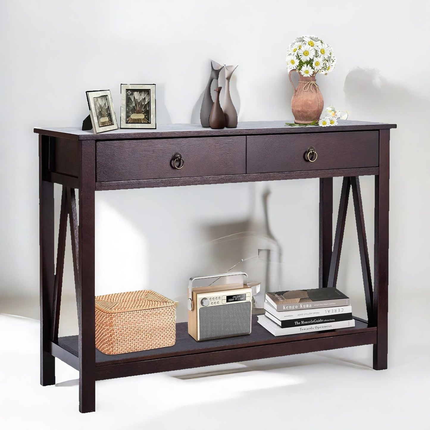 industrial narrow console table with 2 drawers walnut brown