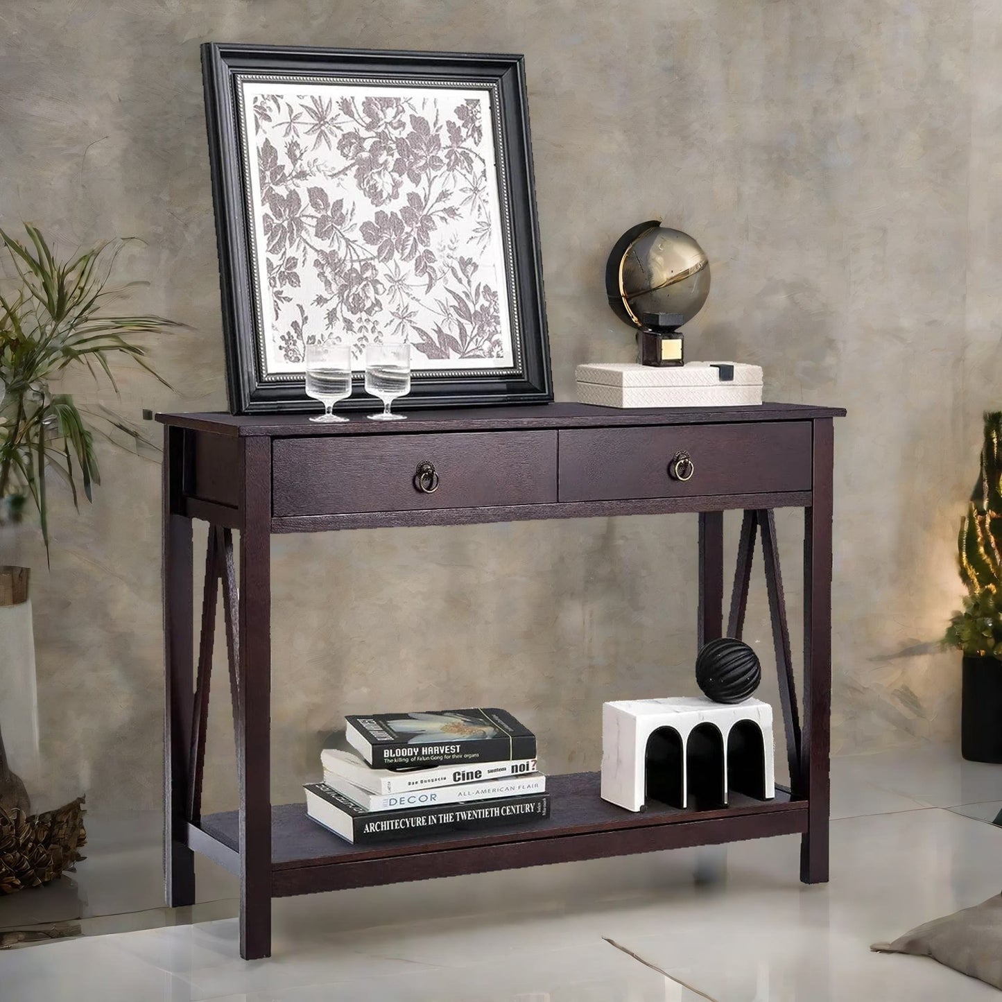 industrial narrow console table with 2 drawers walnut brown