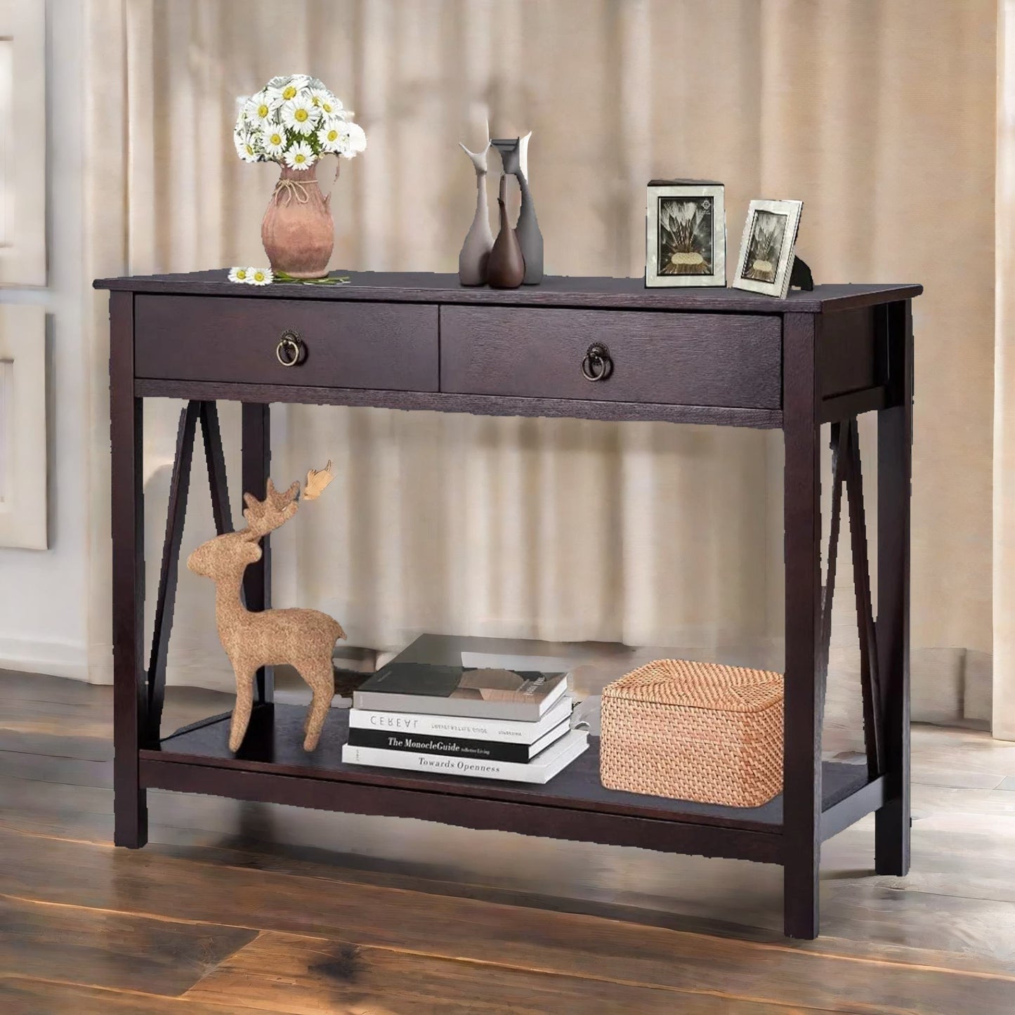 industrial narrow console table with 2 drawers walnut brown