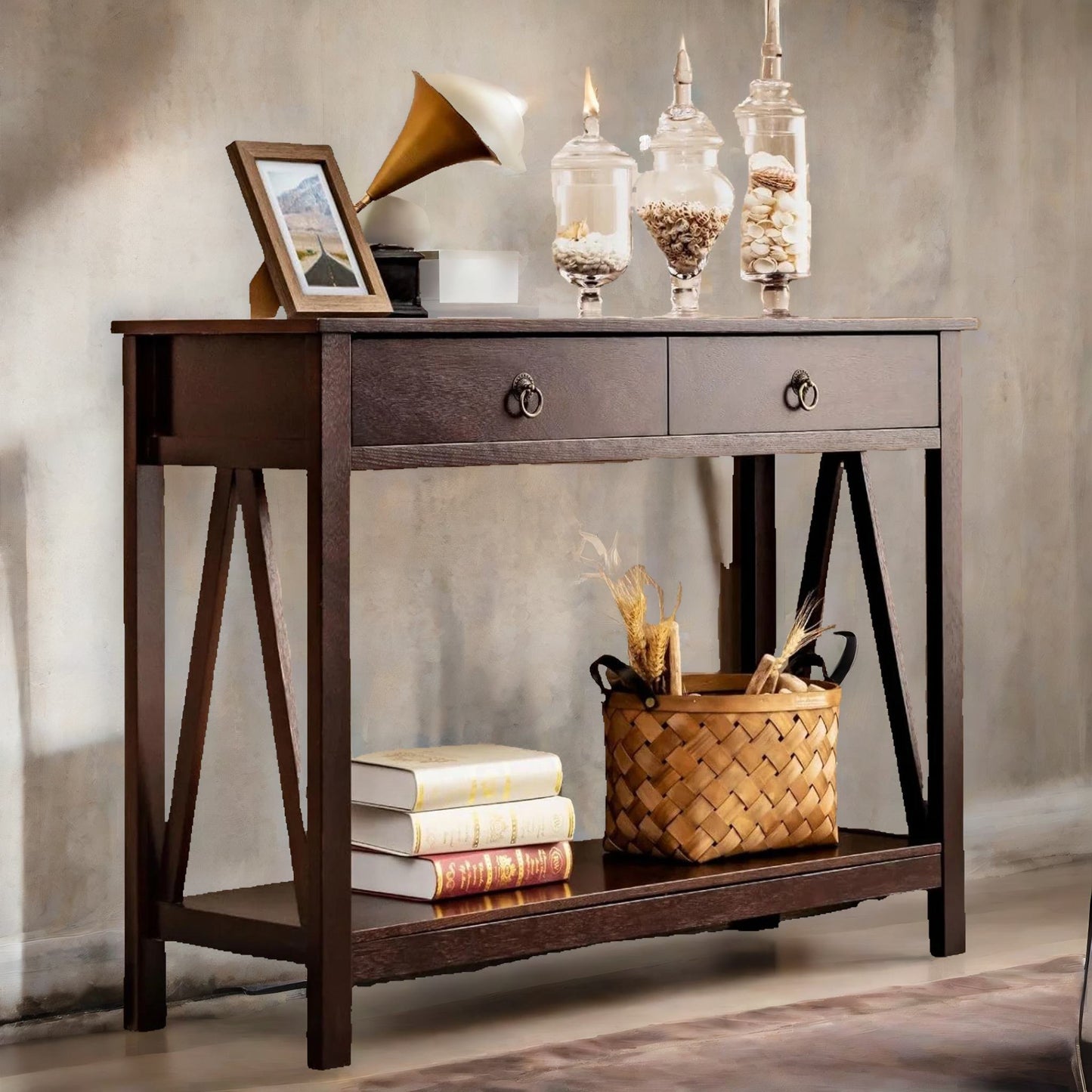 industrial narrow console table with 2 drawers walnut brown